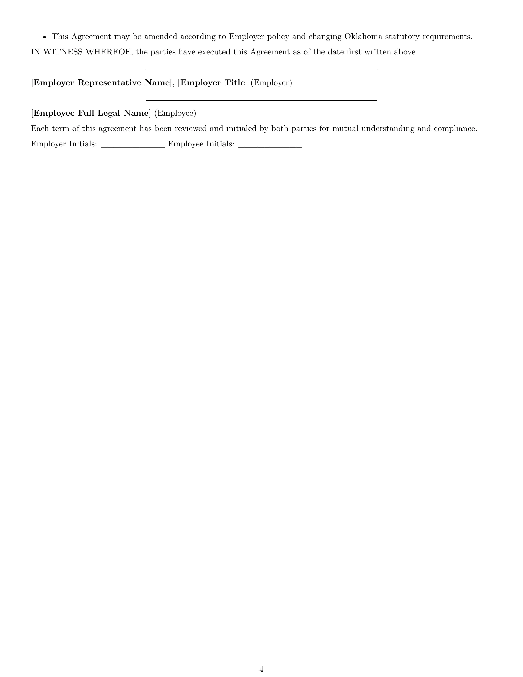 Preview page 4 of Free Oklahoma receptionist employment contract template