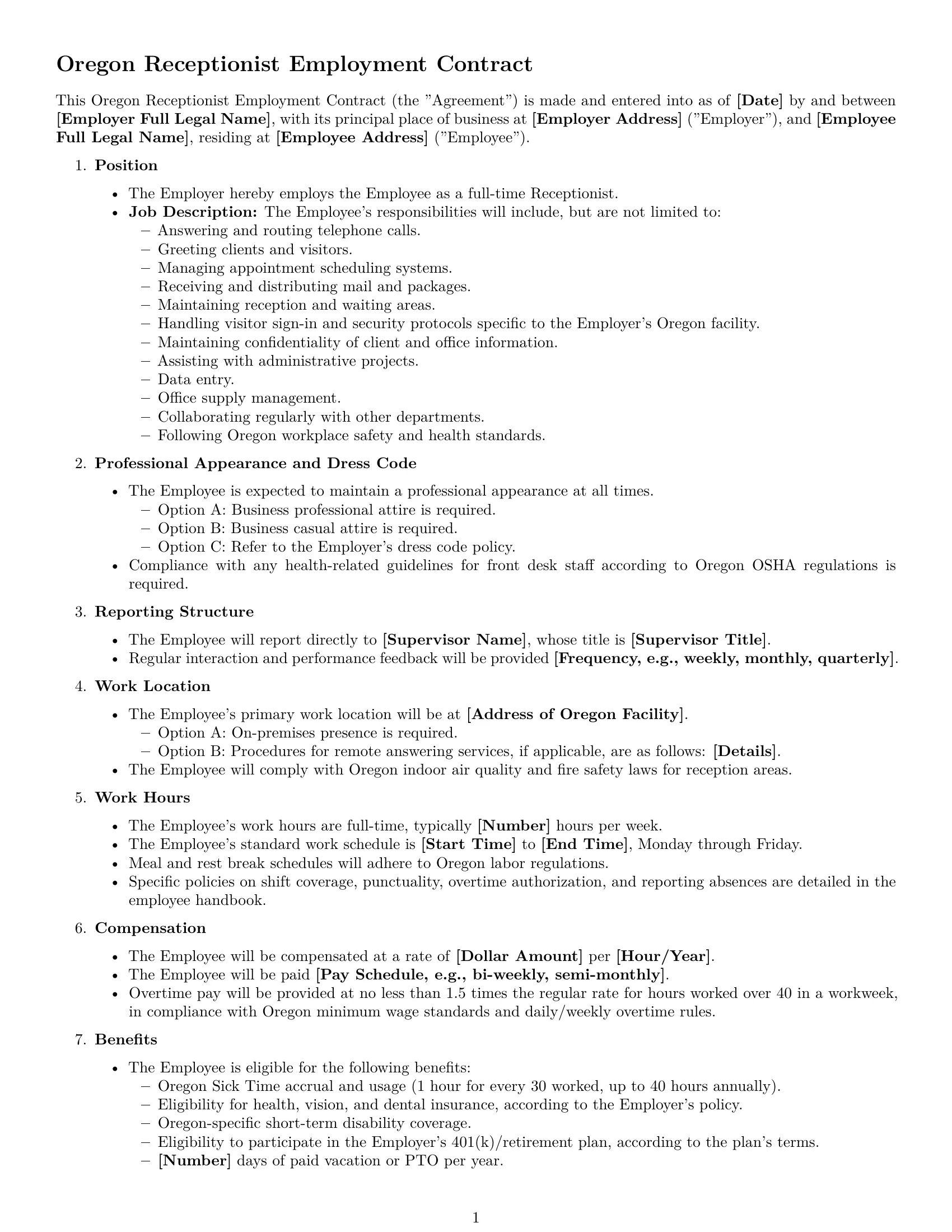 Preview page 1 of Free Oregon receptionist employment contract template