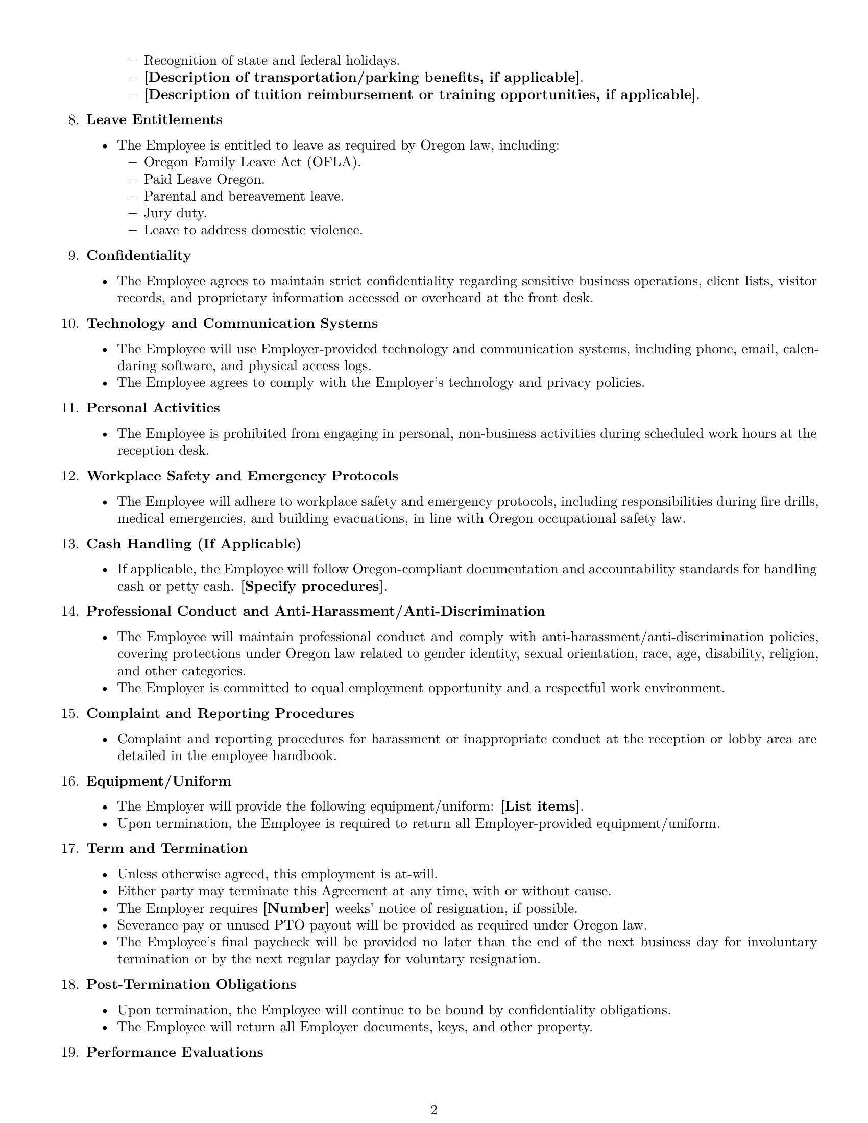 Preview page 2 of Free Oregon receptionist employment contract template