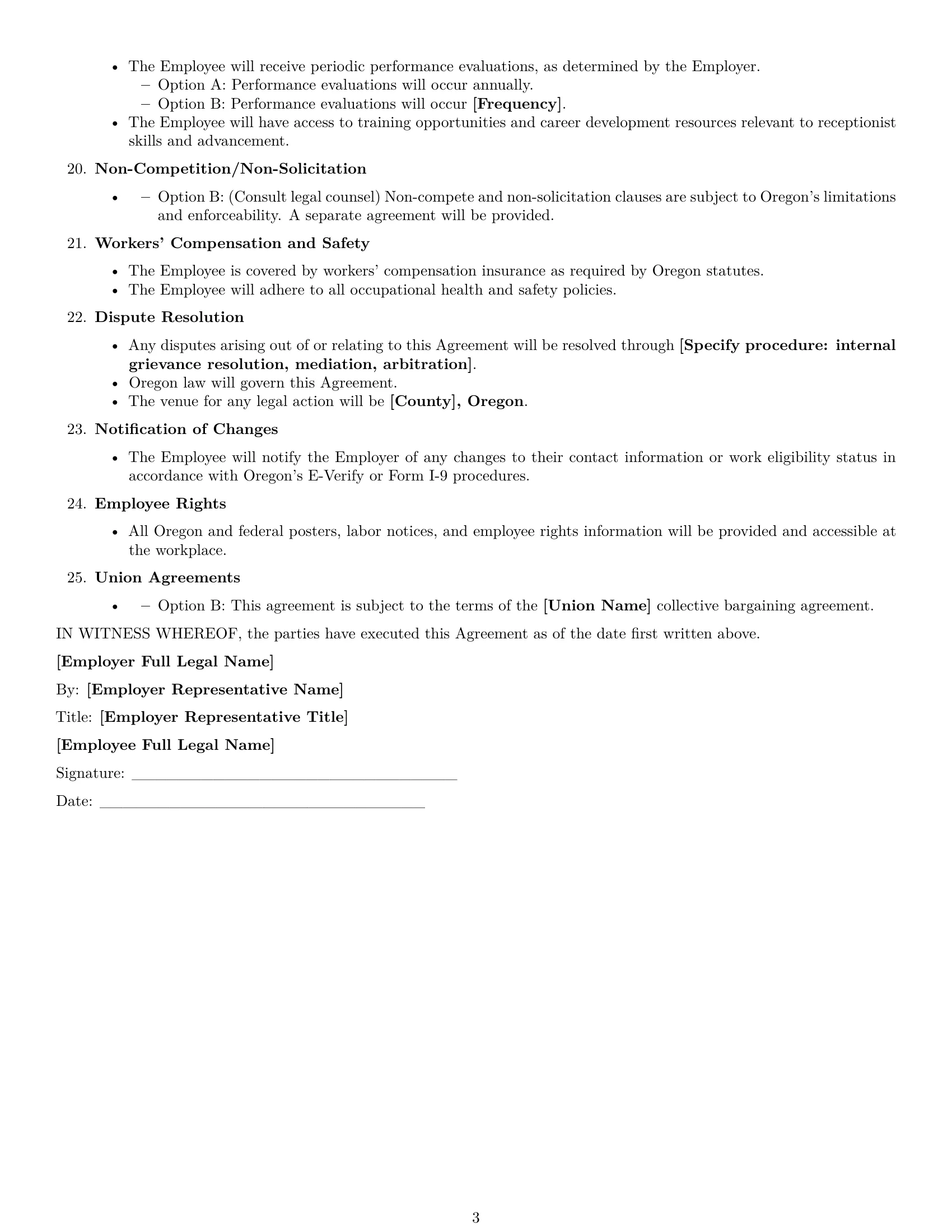 Preview page 3 of Free Oregon receptionist employment contract template