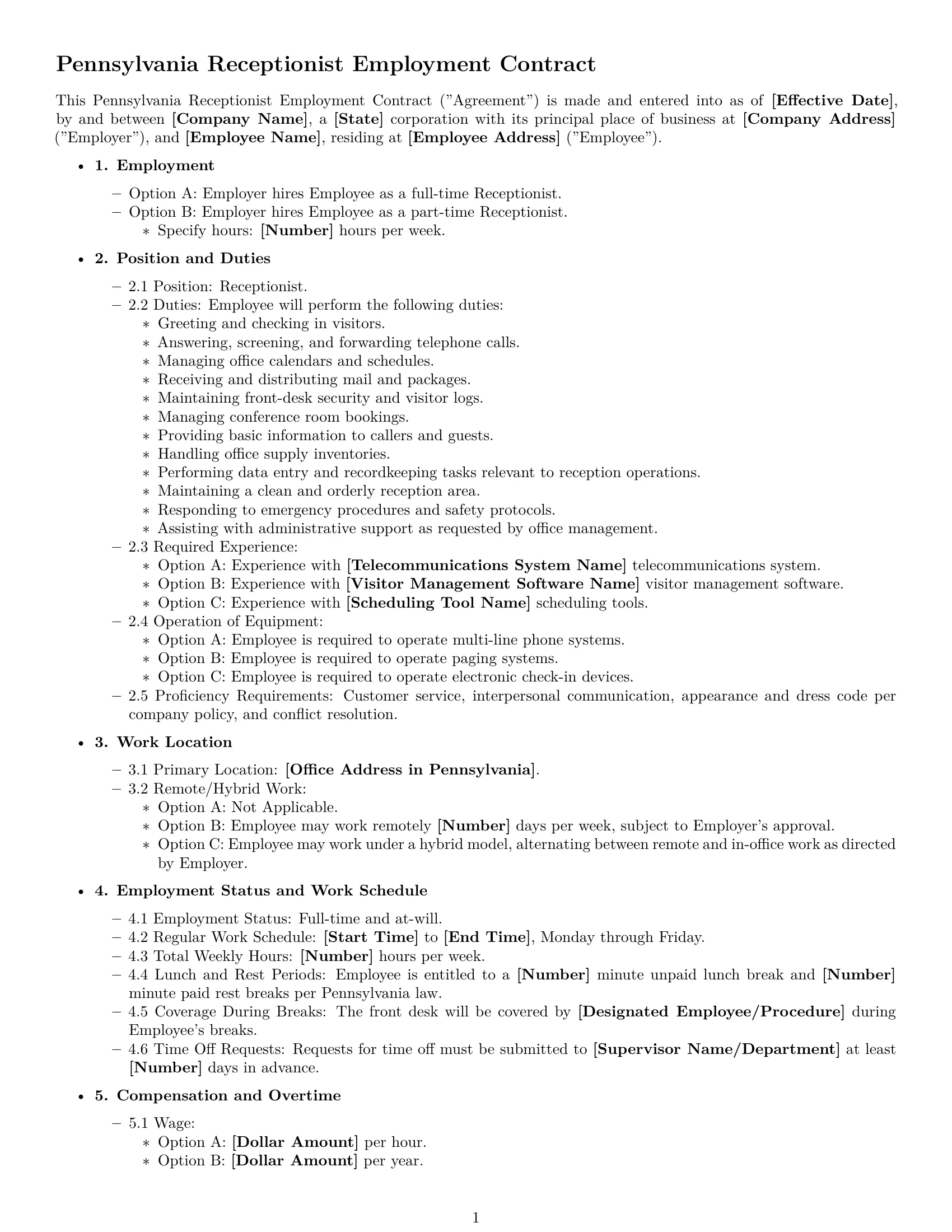 Preview page 1 of Free Pennsylvania receptionist employment contract template