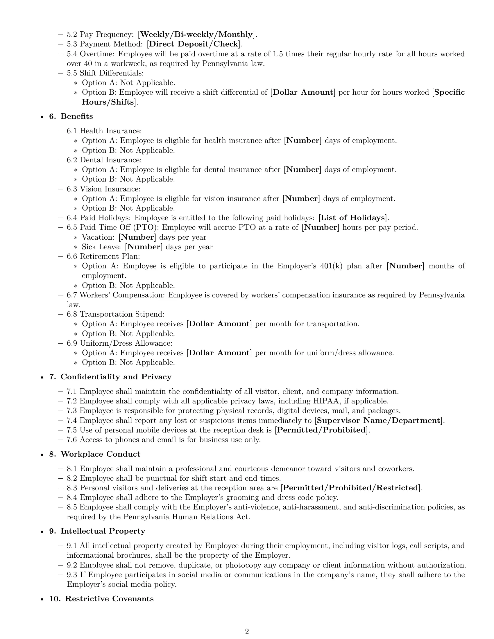 Preview page 2 of Free Pennsylvania receptionist employment contract template
