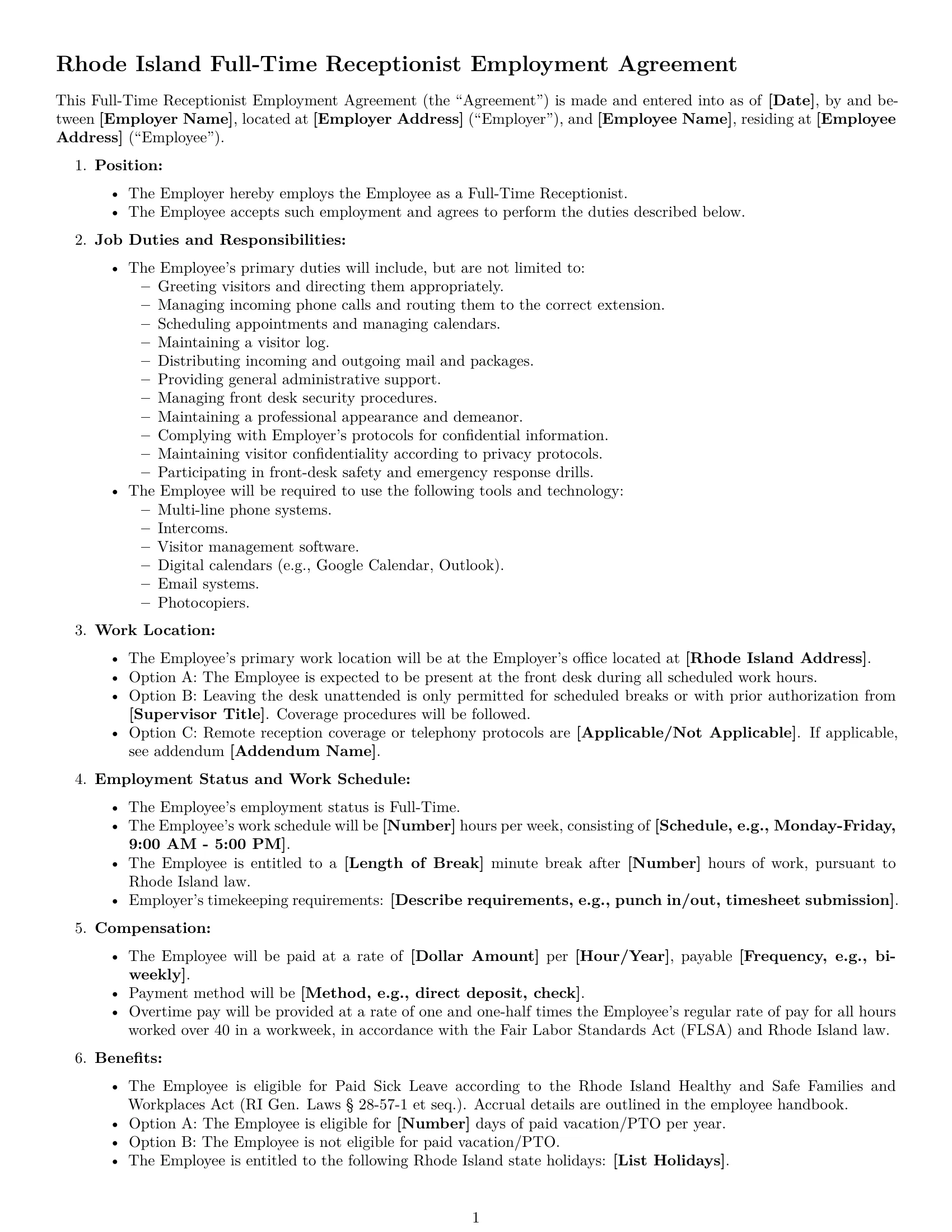 Preview page 1 of Free Rhode Island receptionist employment contract template