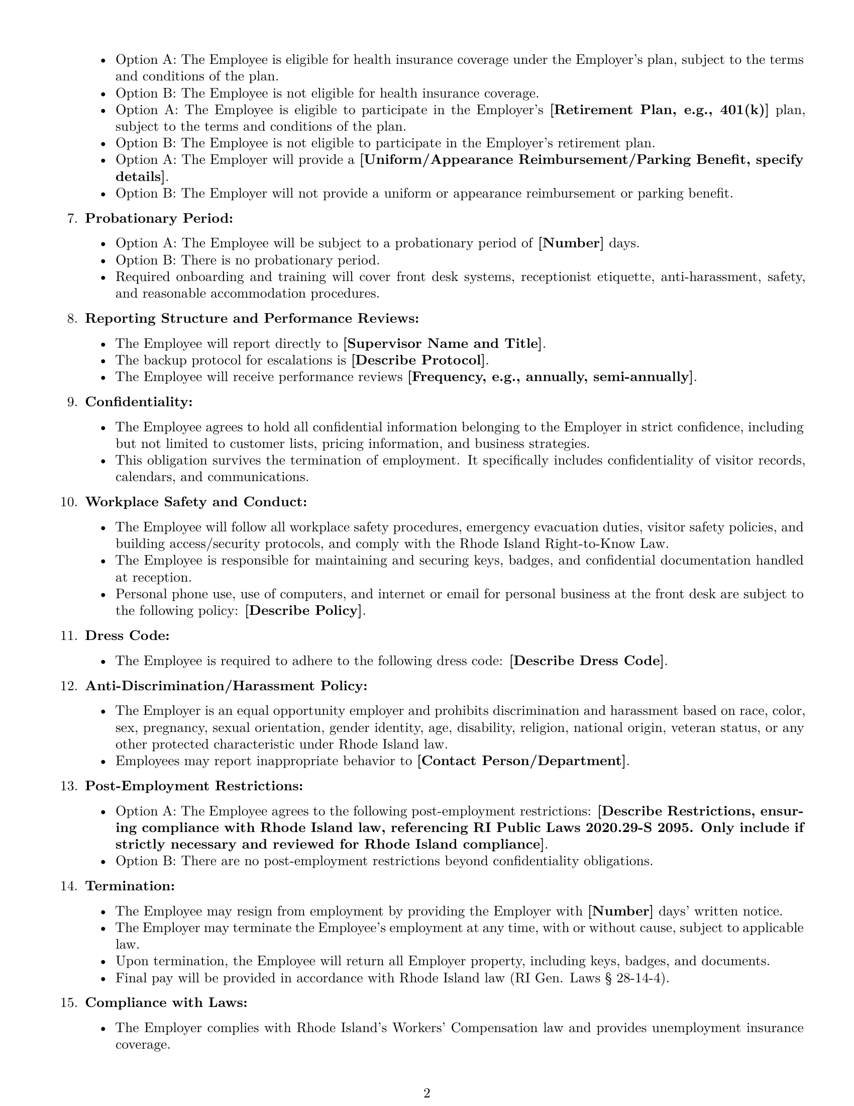Preview page 2 of Free Rhode Island receptionist employment contract template