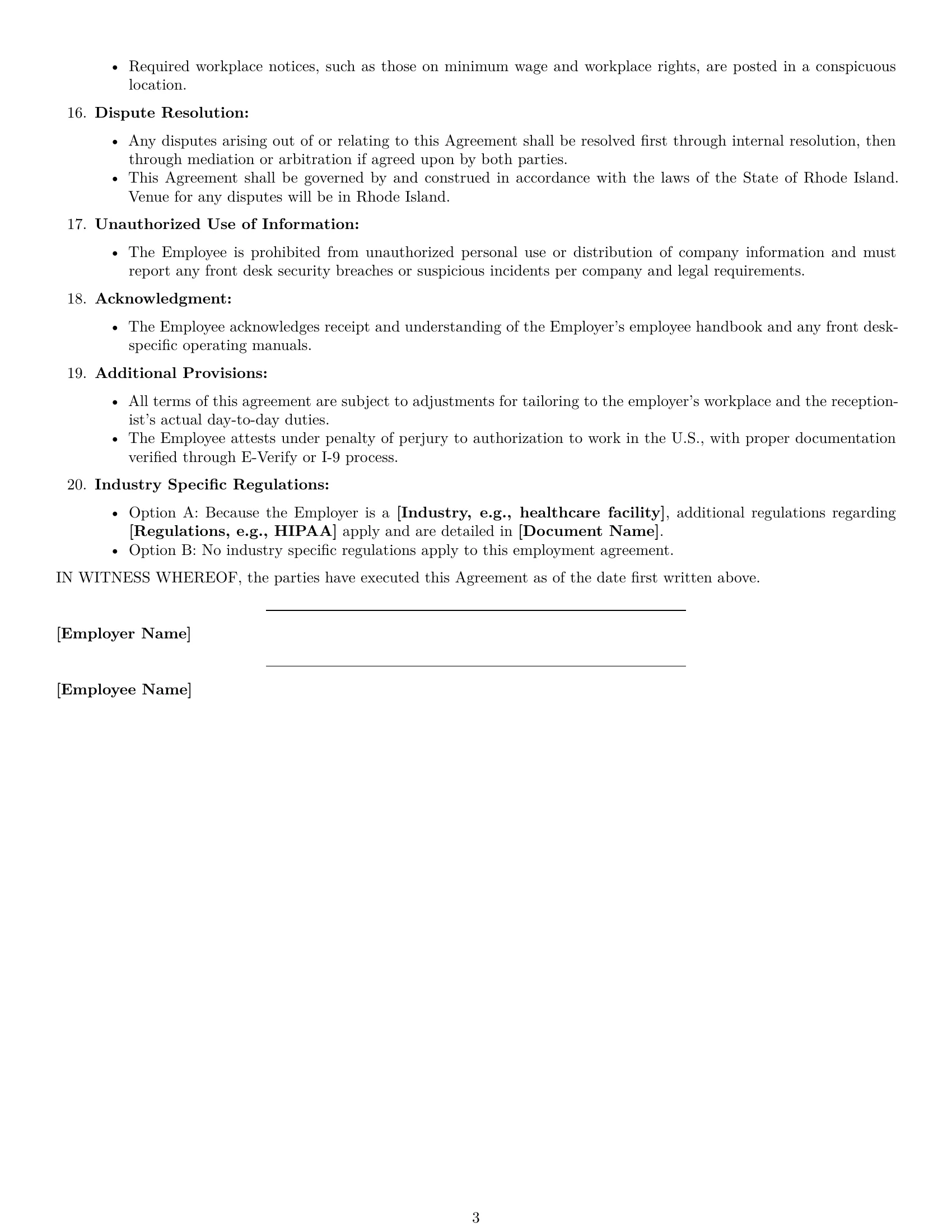 Preview page 3 of Free Rhode Island receptionist employment contract template