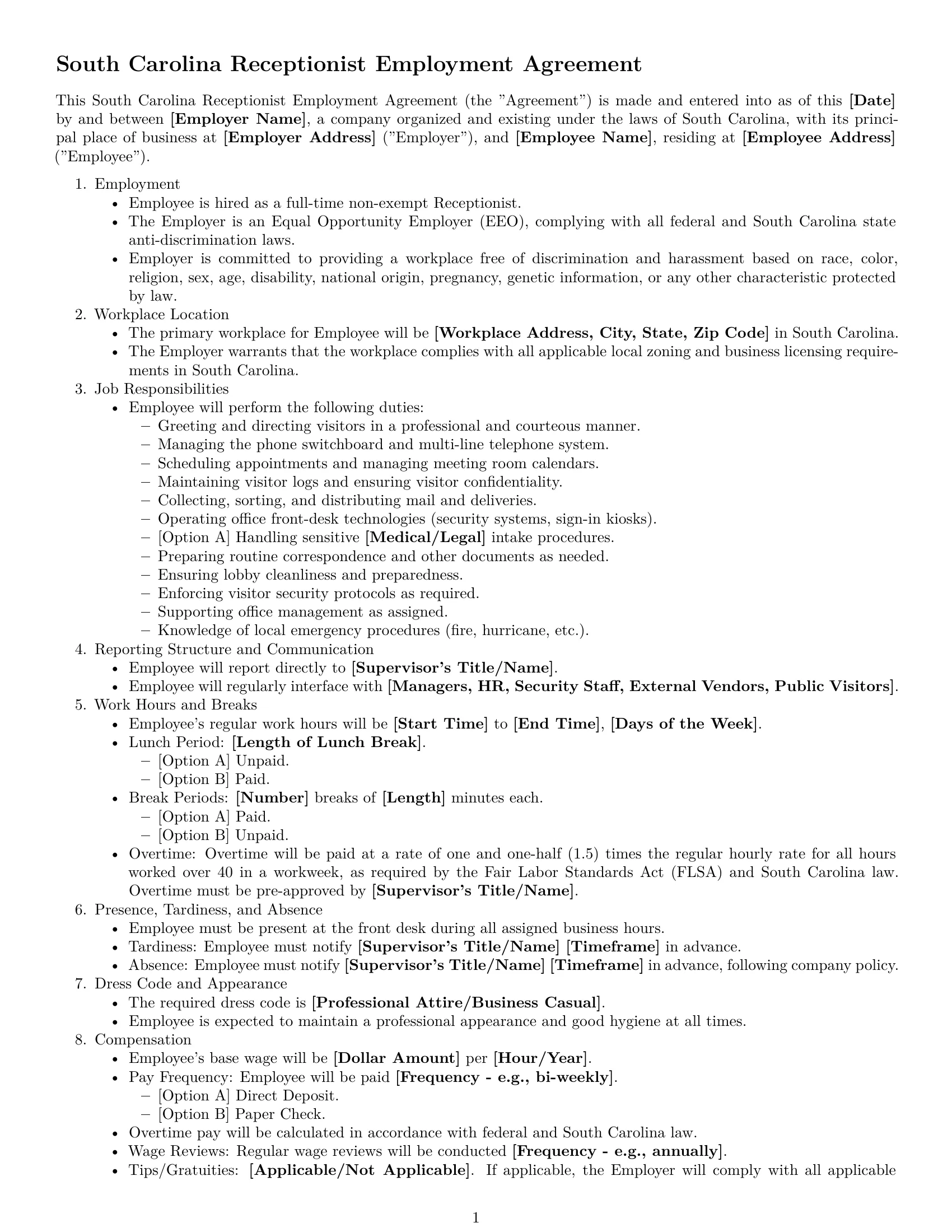 Preview page 1 of Free South Carolina receptionist employment contract template