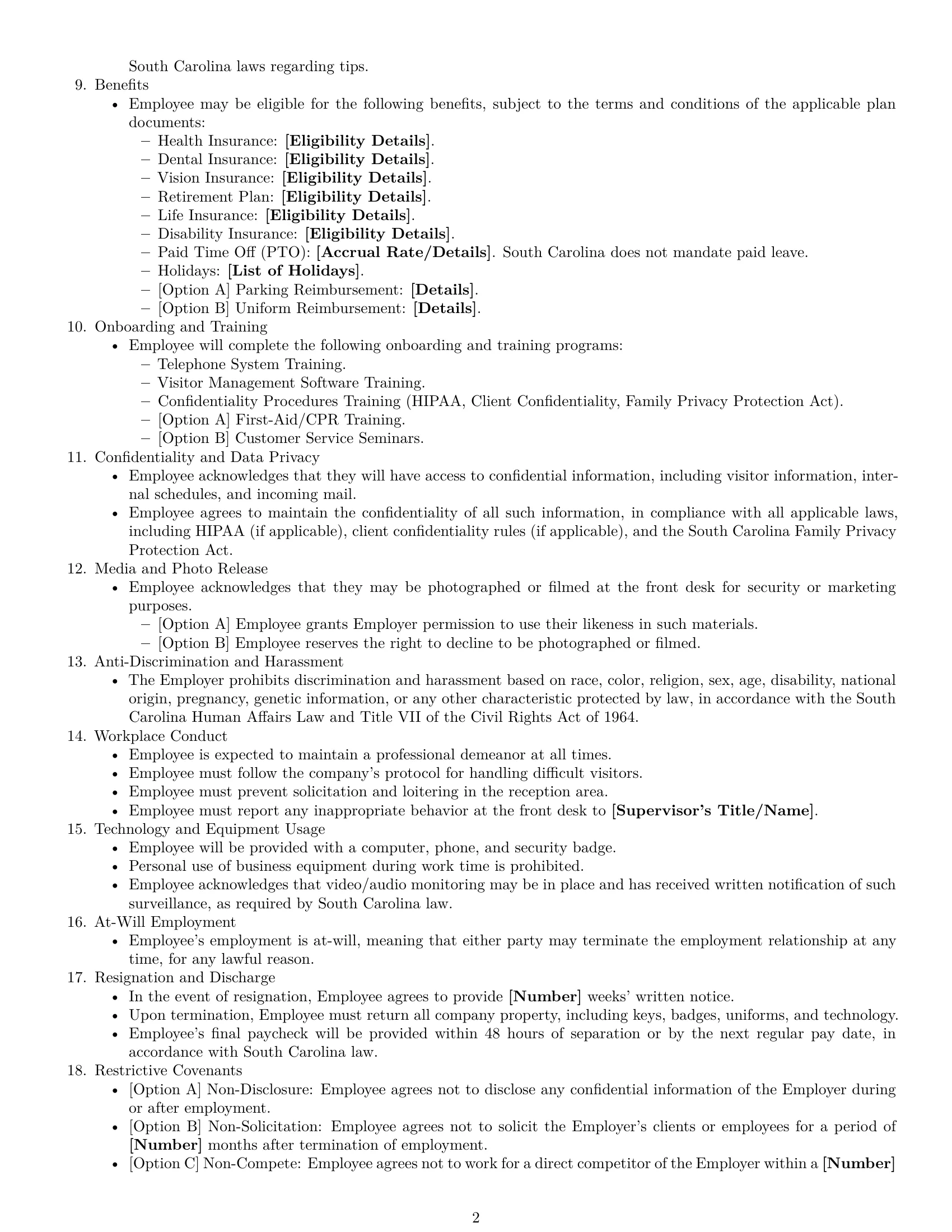 Preview page 2 of Free South Carolina receptionist employment contract template