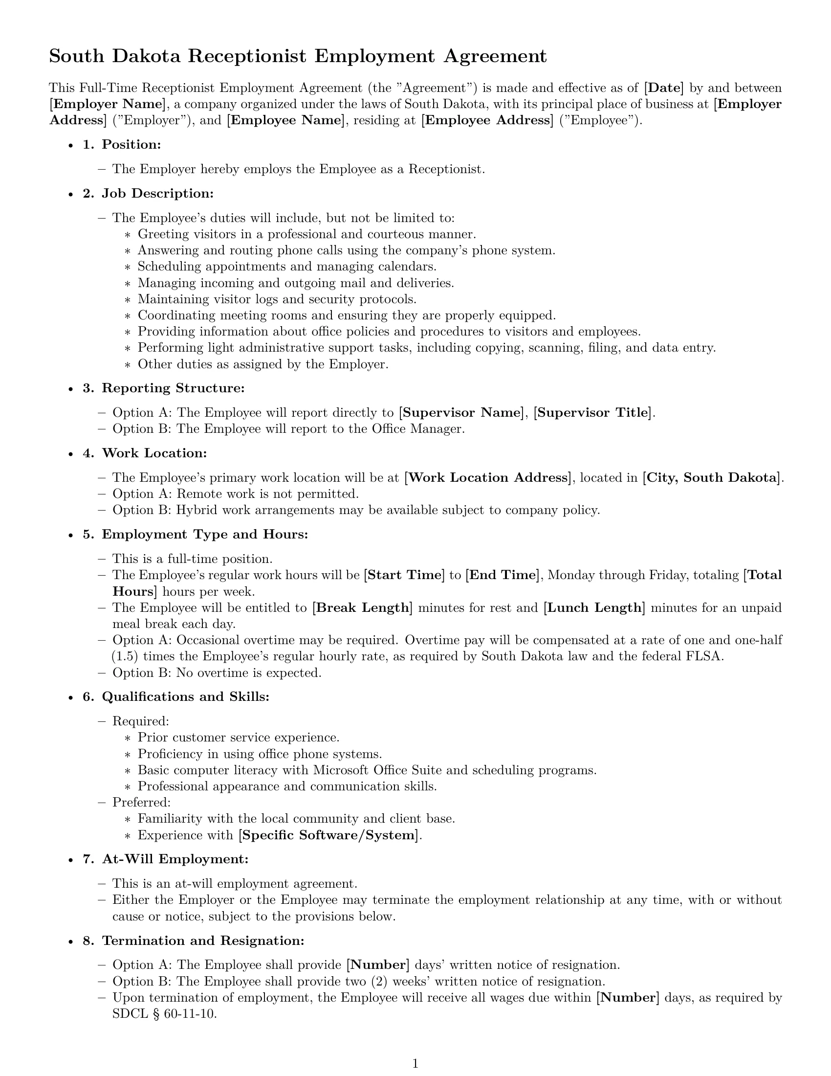 Preview page 1 of Free South Dakota receptionist employment contract template