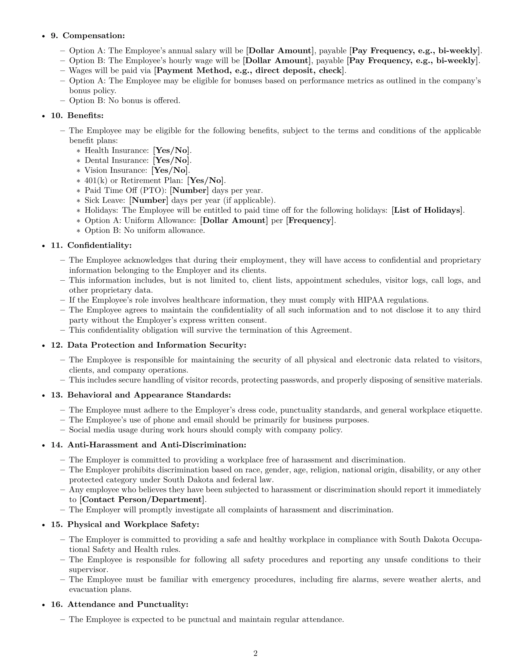 Preview page 2 of Free South Dakota receptionist employment contract template