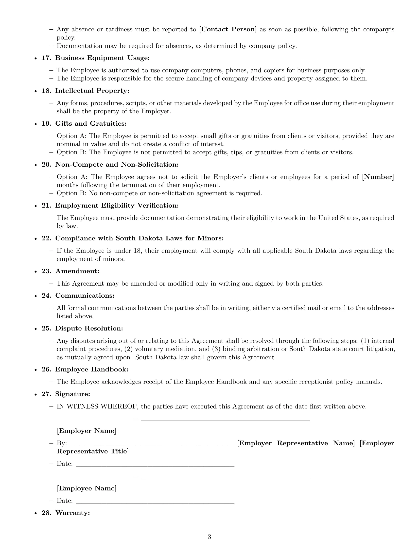 Preview page 3 of Free South Dakota receptionist employment contract template