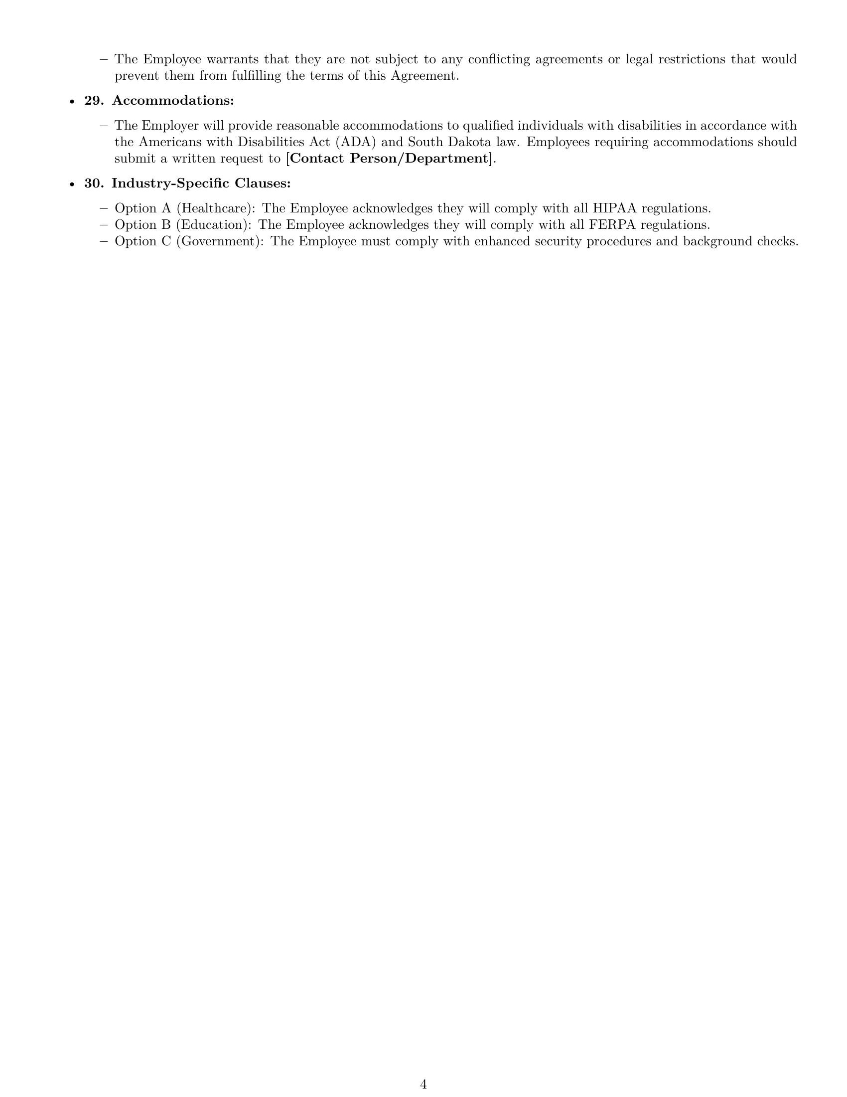 Preview page 4 of Free South Dakota receptionist employment contract template