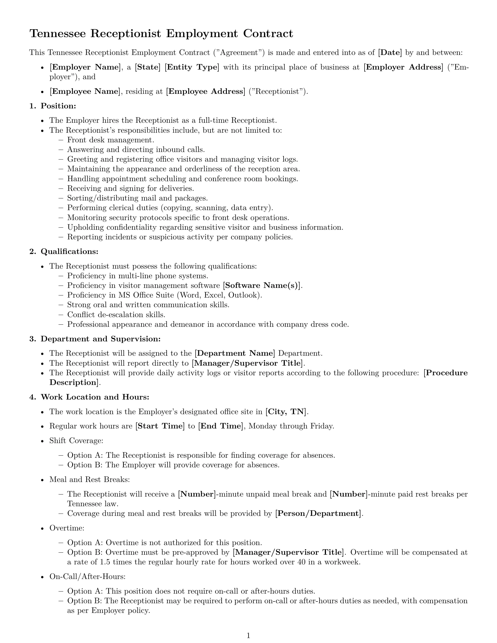 Preview page 1 of Free Tennessee receptionist employment contract template