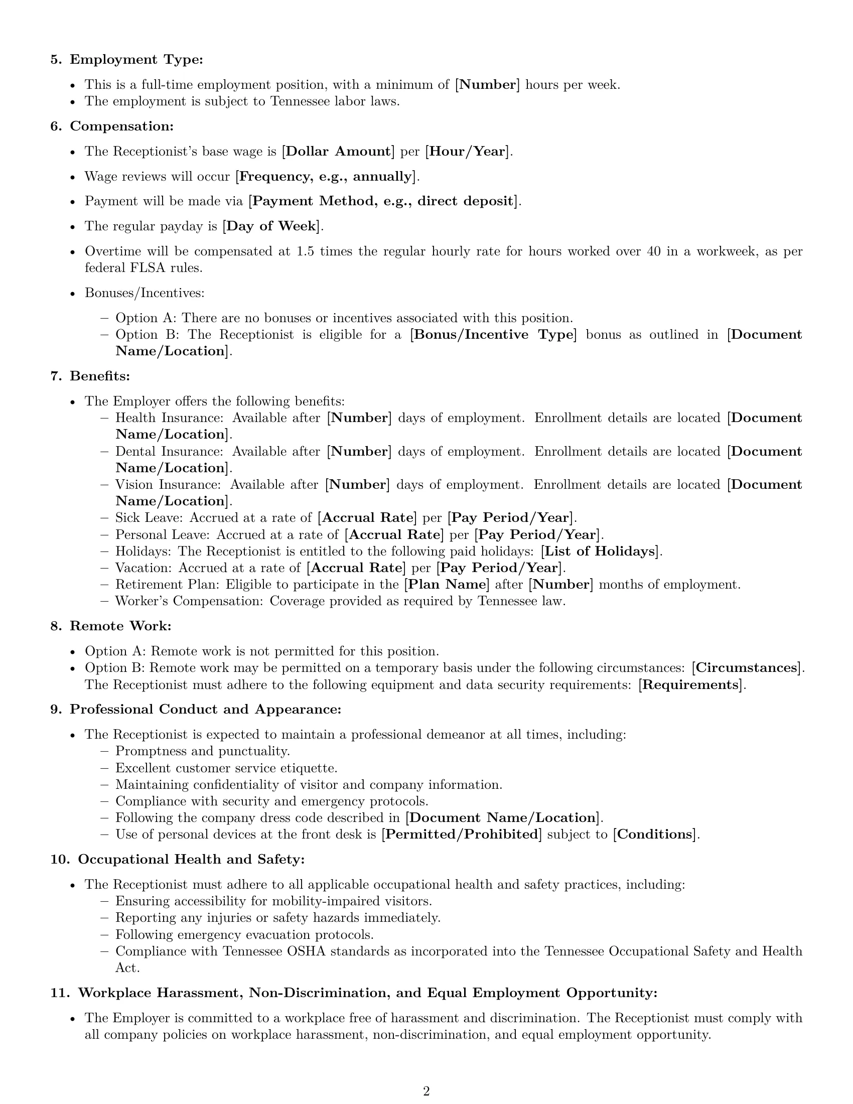 Preview page 2 of Free Tennessee receptionist employment contract template
