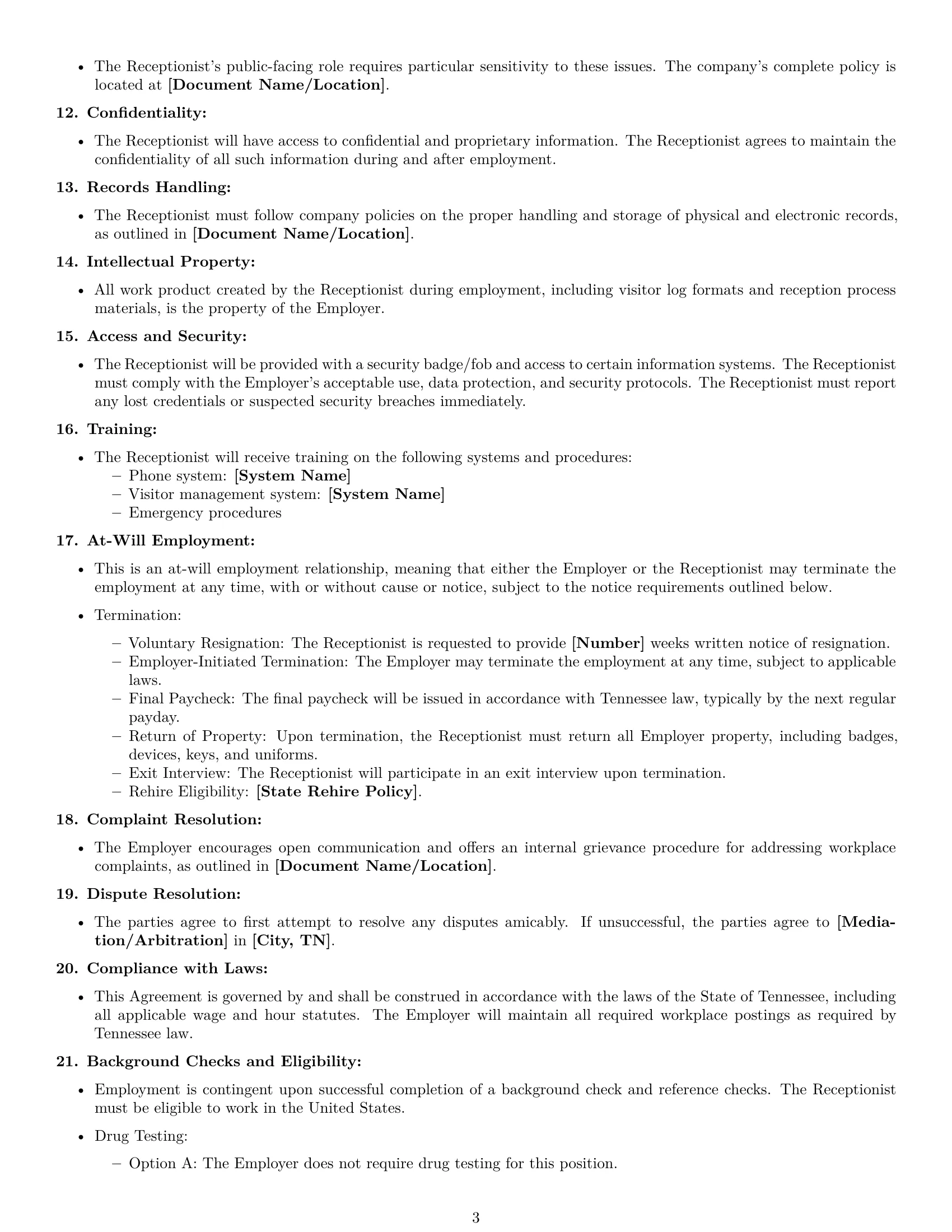 Preview page 3 of Free Tennessee receptionist employment contract template