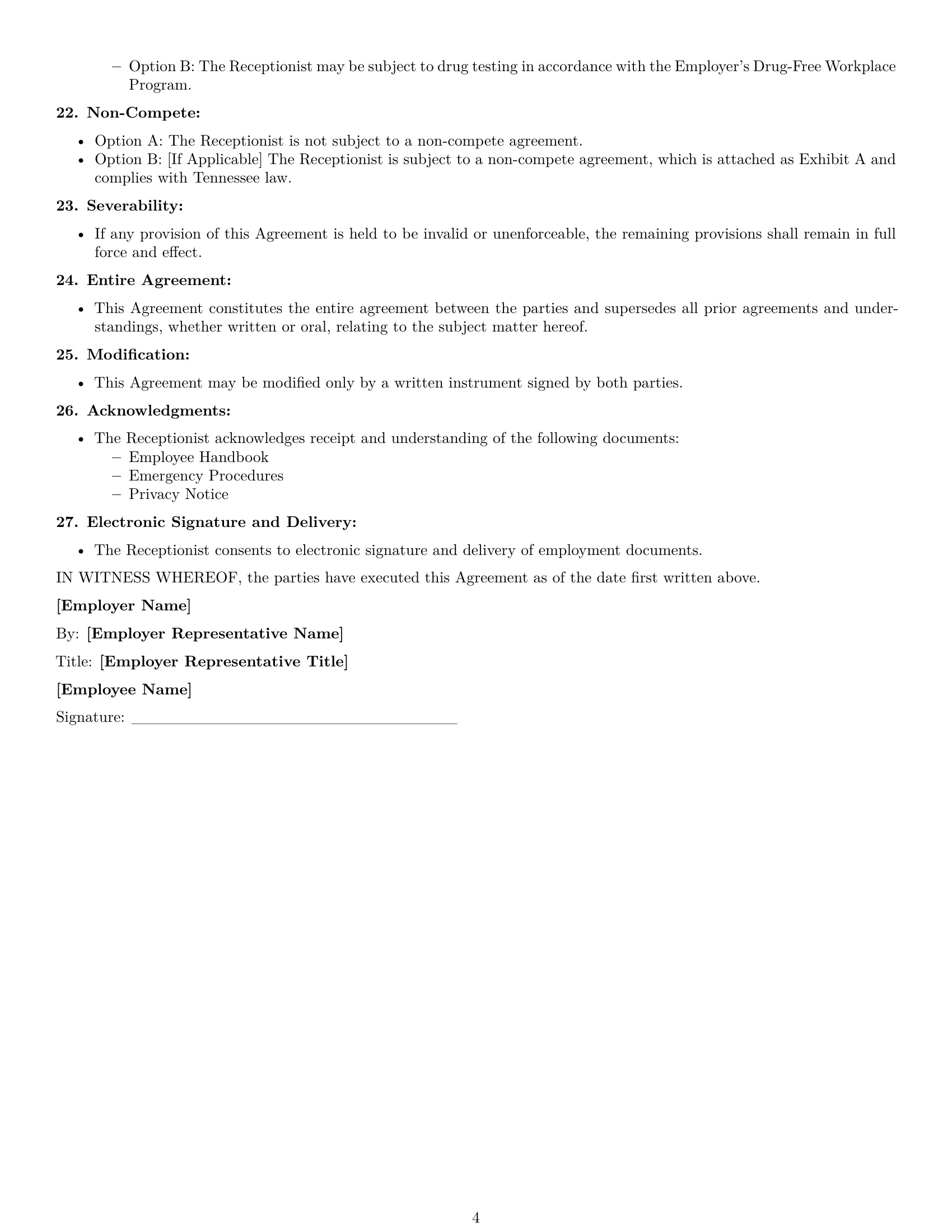 Preview page 4 of Free Tennessee receptionist employment contract template