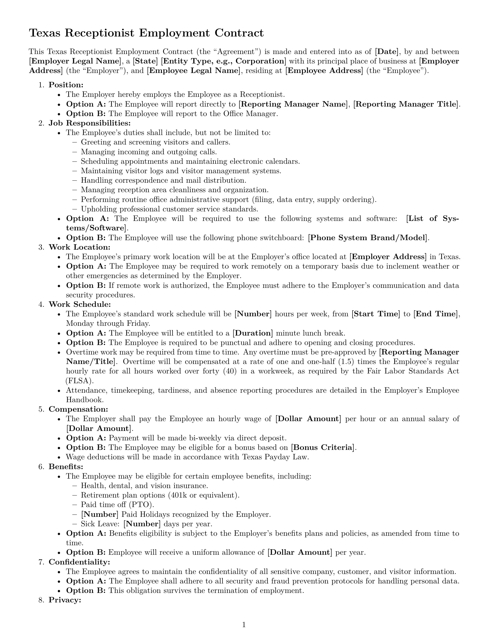 Preview page 1 of Free Texas receptionist employment contract template