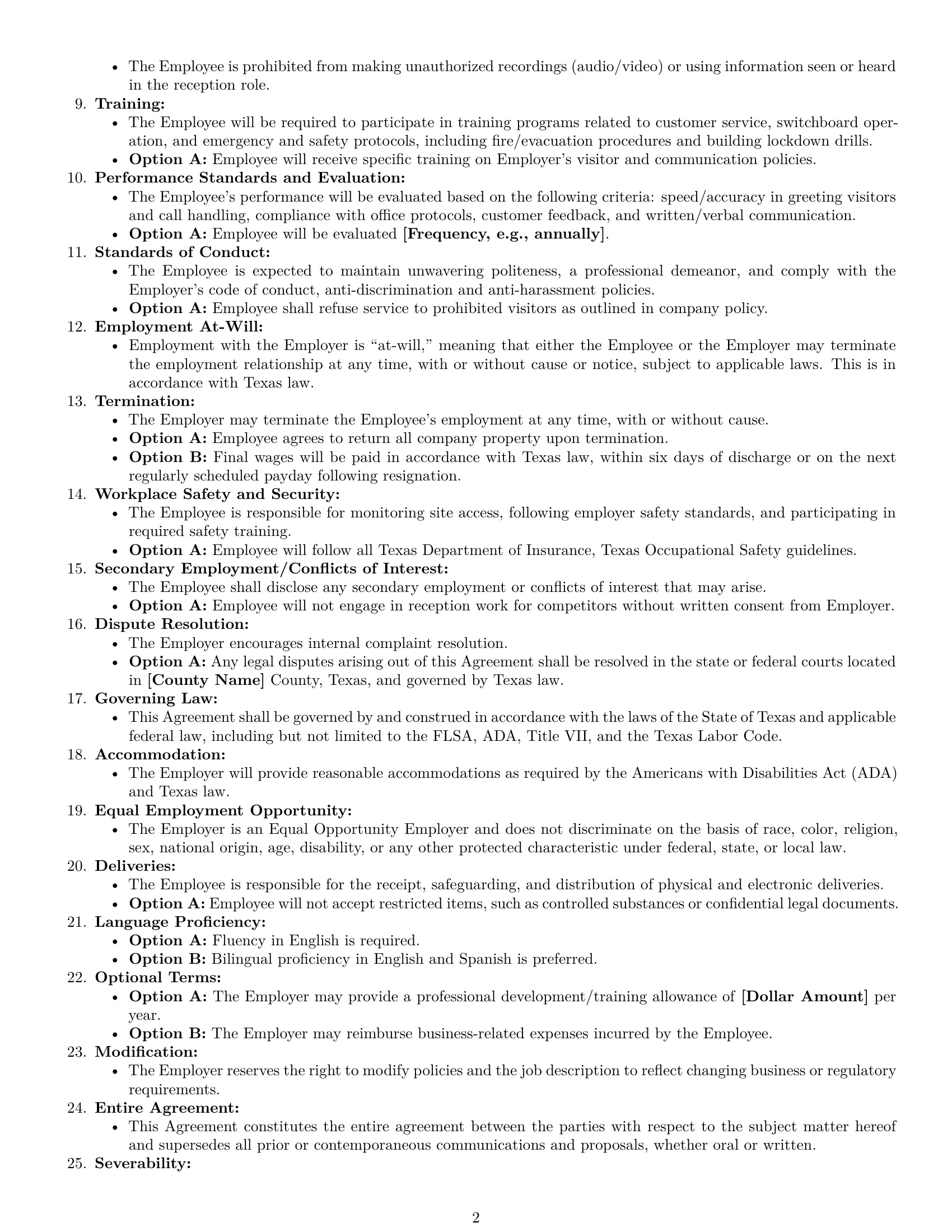 Preview page 2 of Free Texas receptionist employment contract template