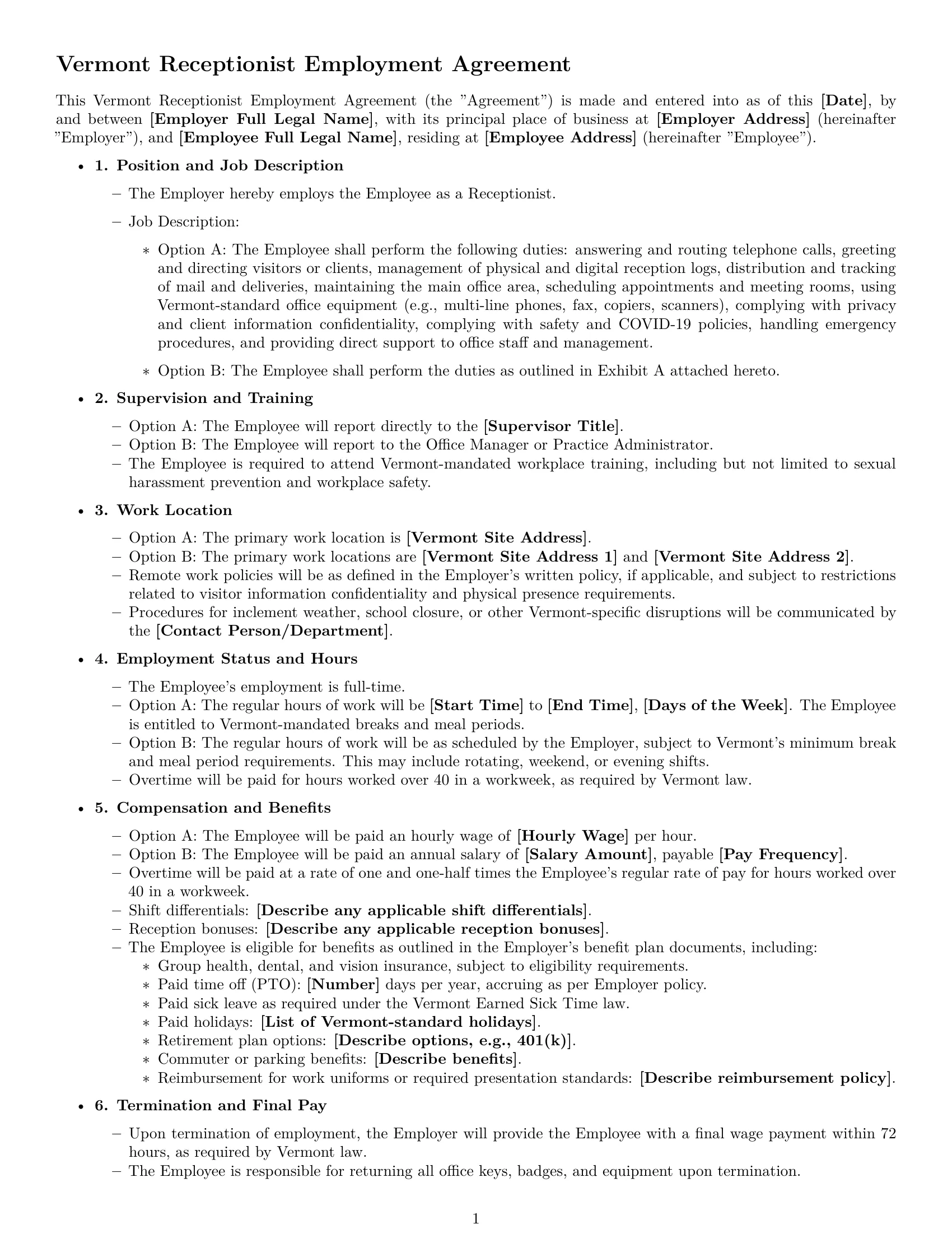 Preview page 1 of Free Vermont receptionist employment contract template