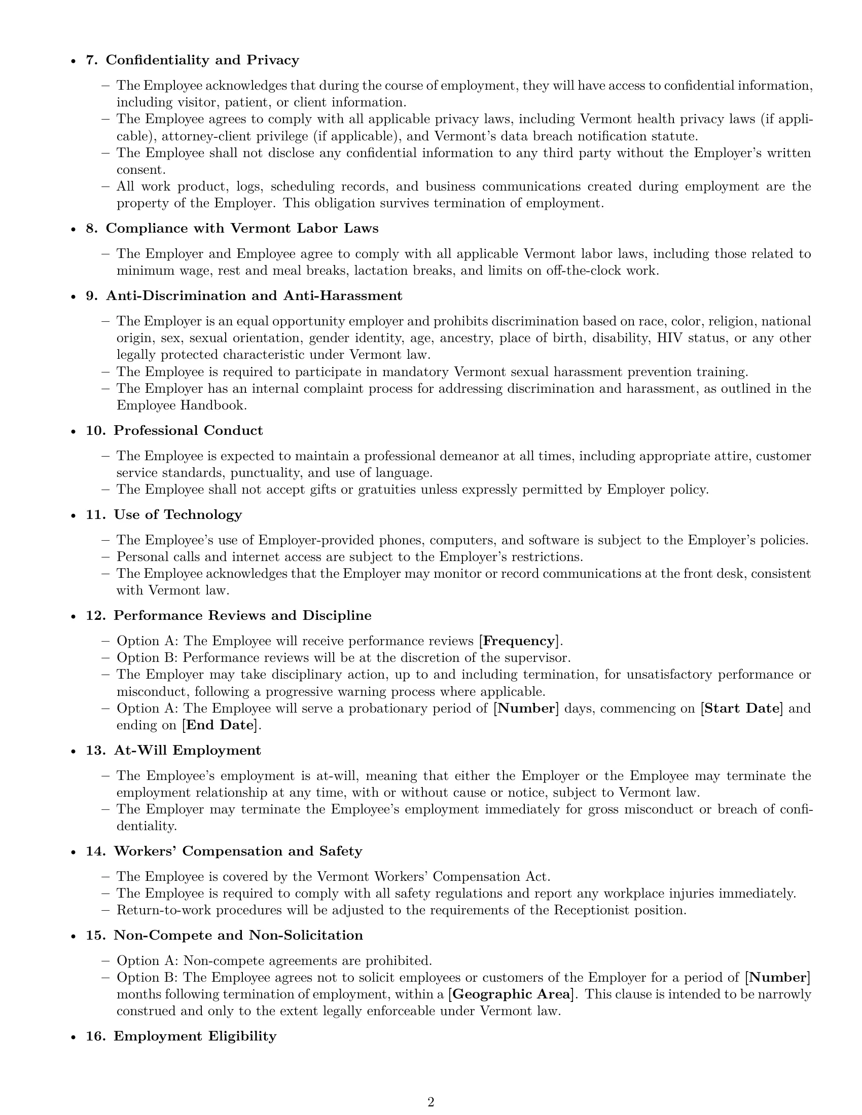 Preview page 2 of Free Vermont receptionist employment contract template