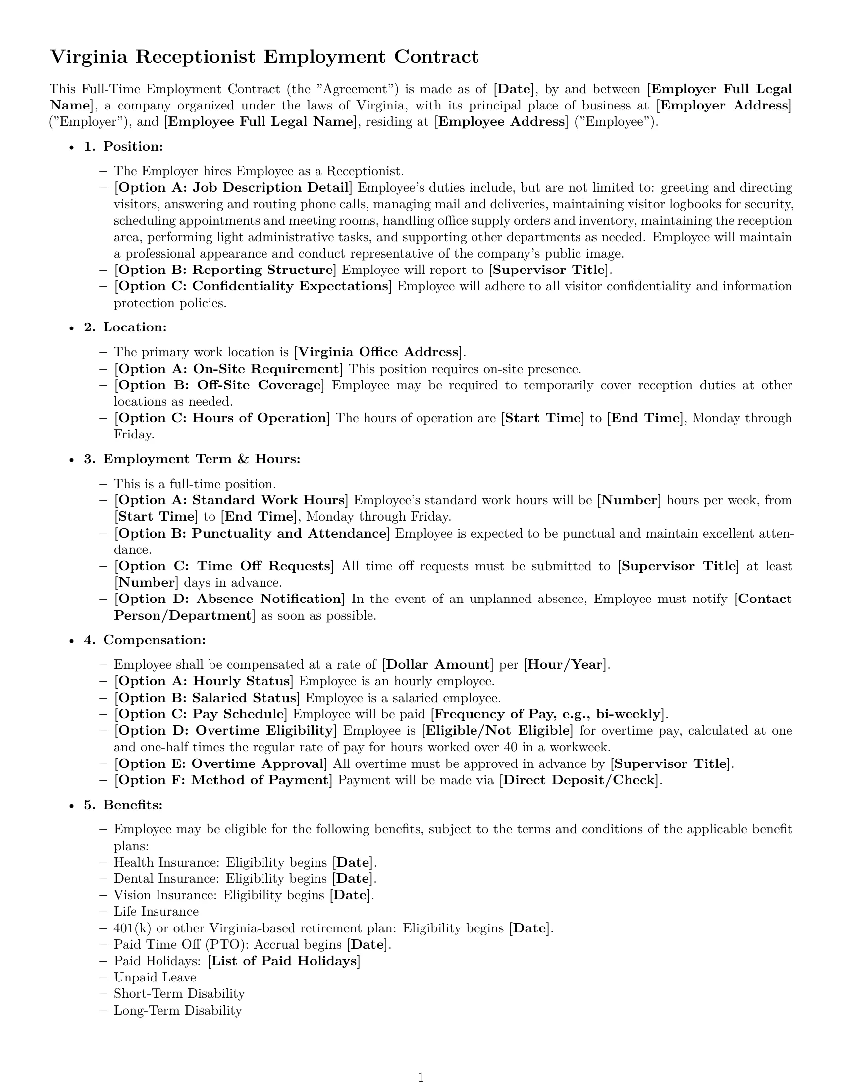 Preview page 1 of Free Virginia receptionist employment contract template
