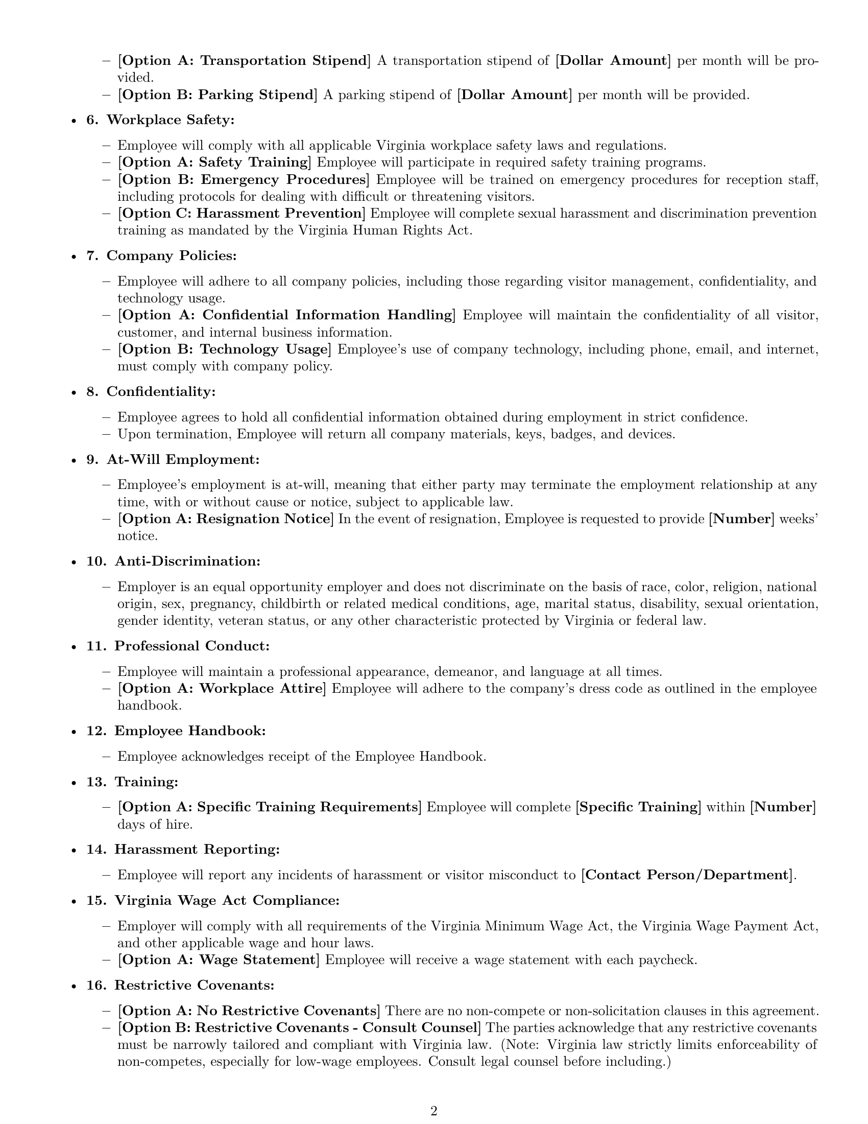 Preview page 2 of Free Virginia receptionist employment contract template