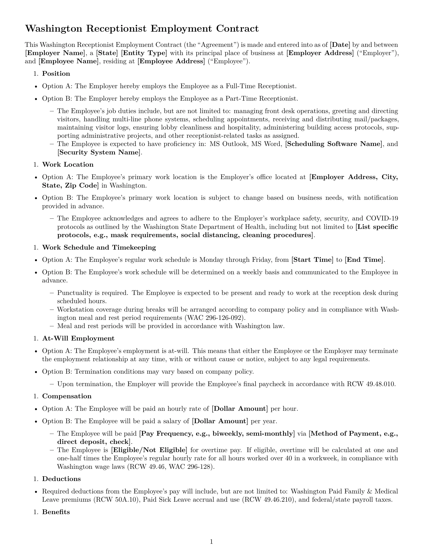 Preview page 1 of Free Washington receptionist employment contract template