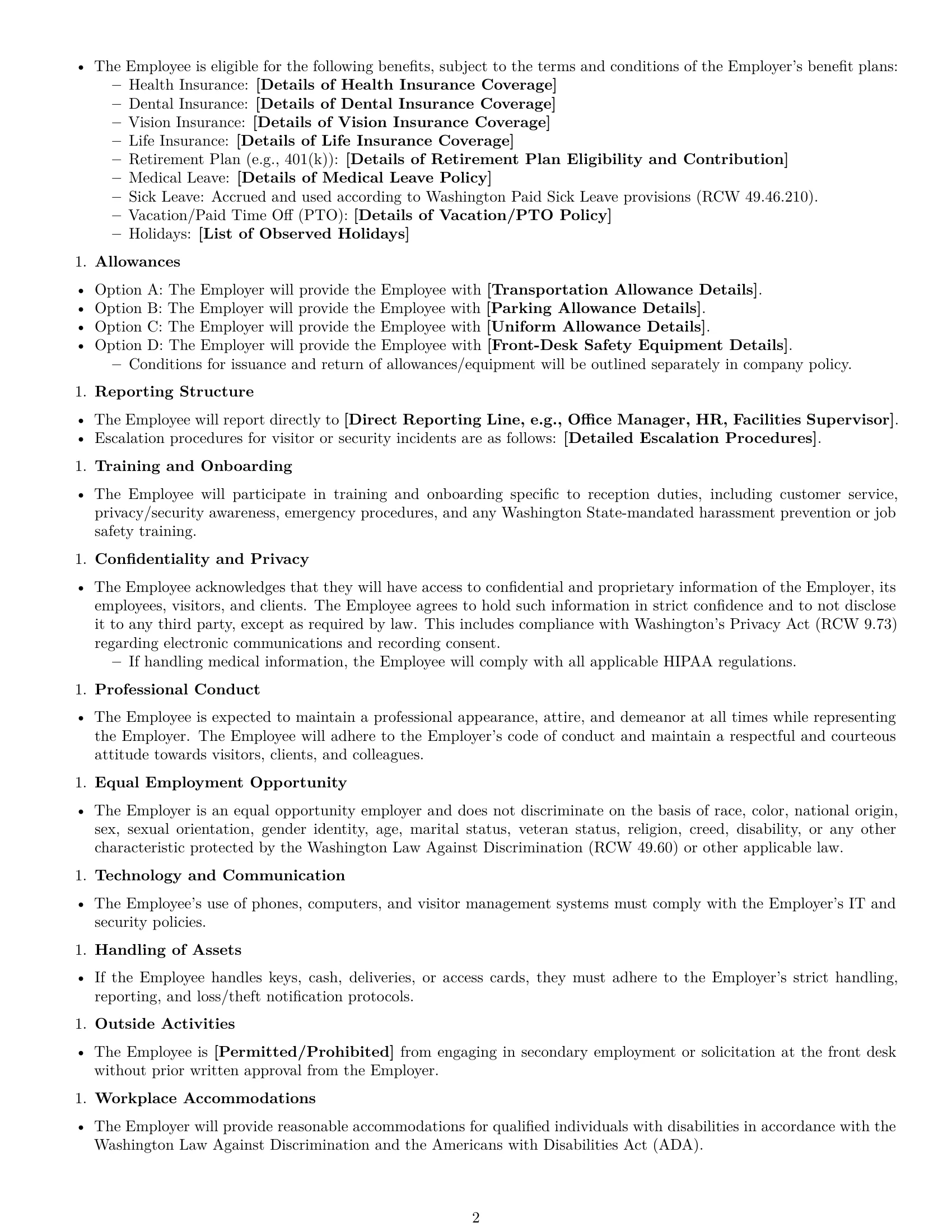 Preview page 2 of Free Washington receptionist employment contract template