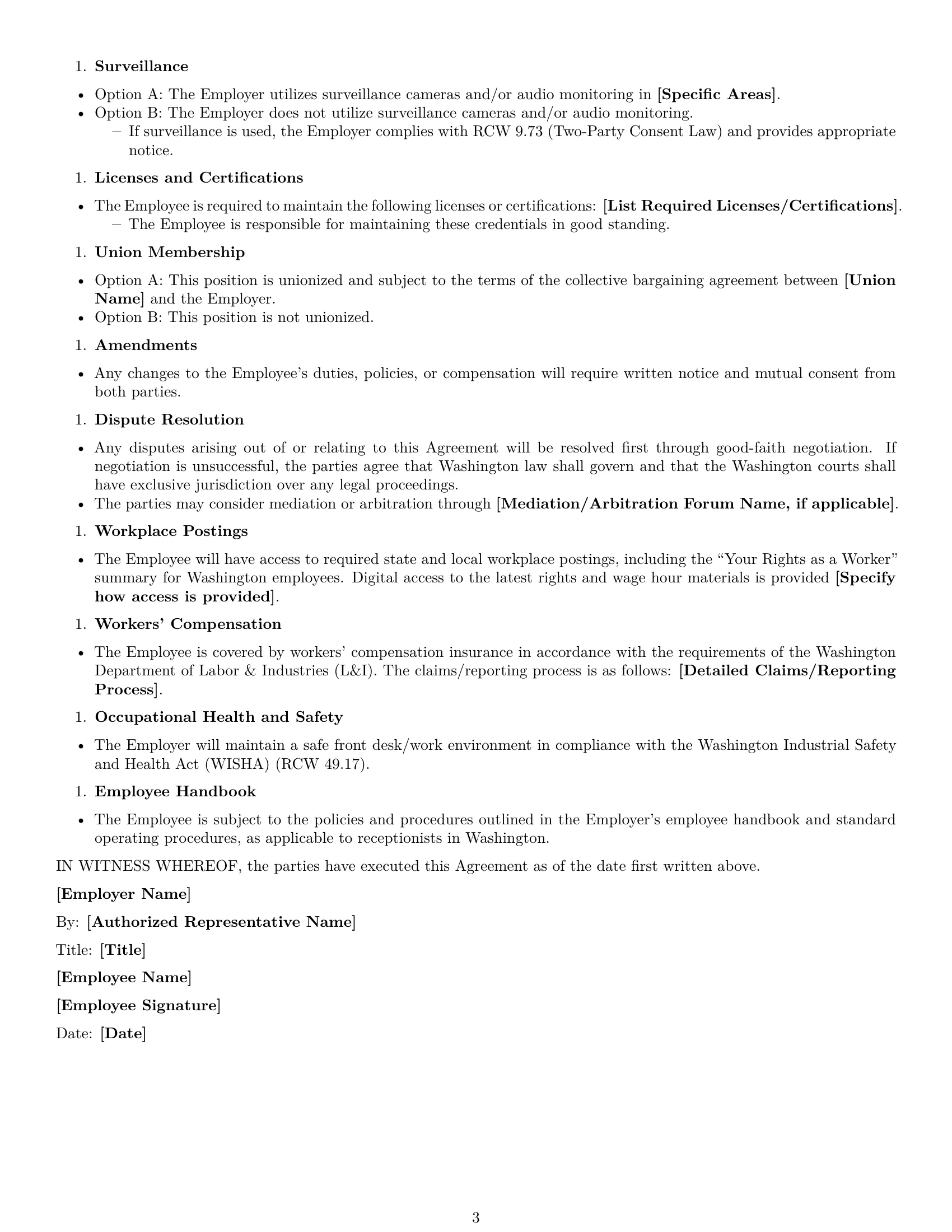 Preview page 3 of Free Washington receptionist employment contract template