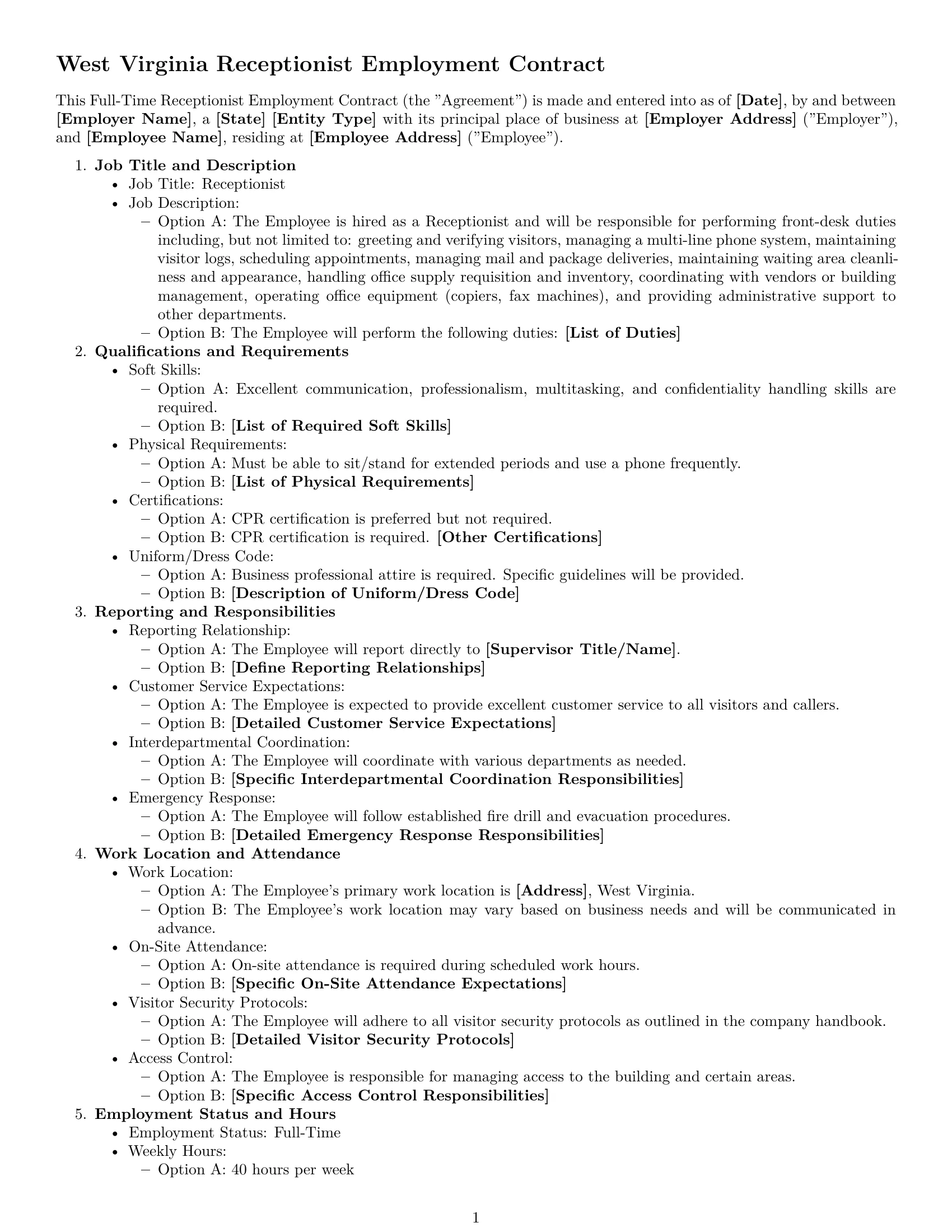 Preview page 1 of Free West Virginia receptionist employment contract template