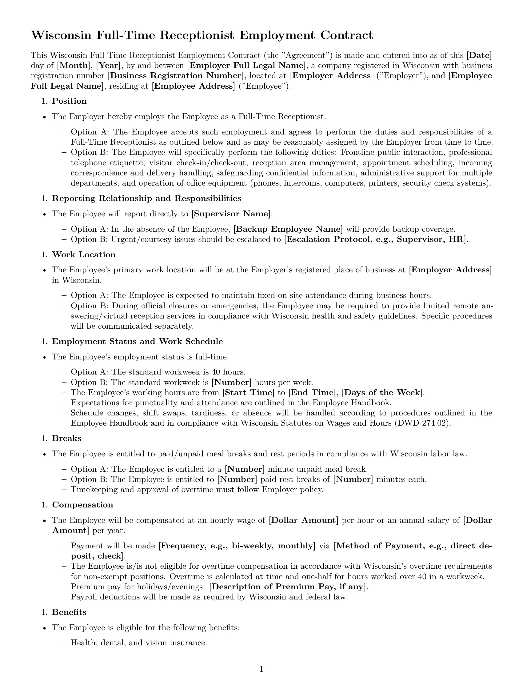 Preview page 1 of Free Wisconsin receptionist employment contract template