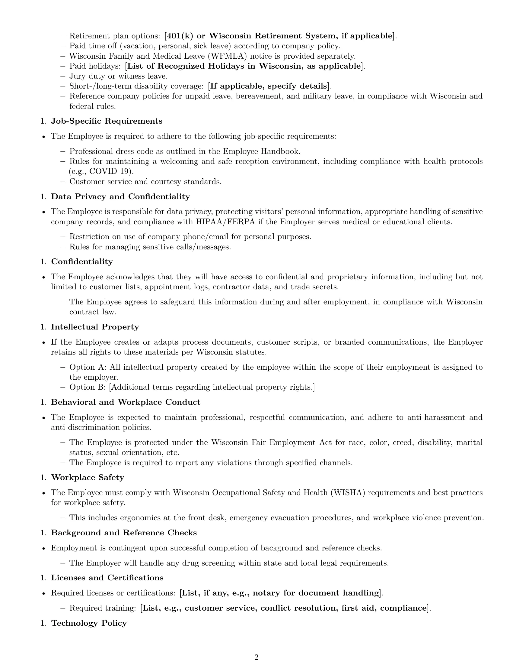 Preview page 2 of Free Wisconsin receptionist employment contract template