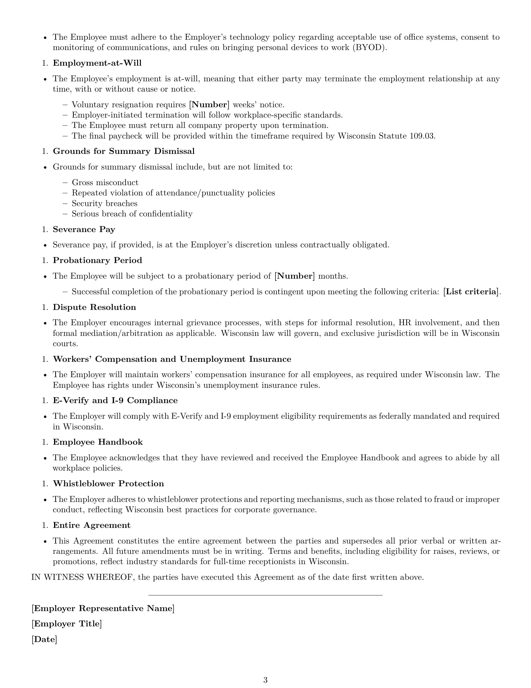Preview page 3 of Free Wisconsin receptionist employment contract template