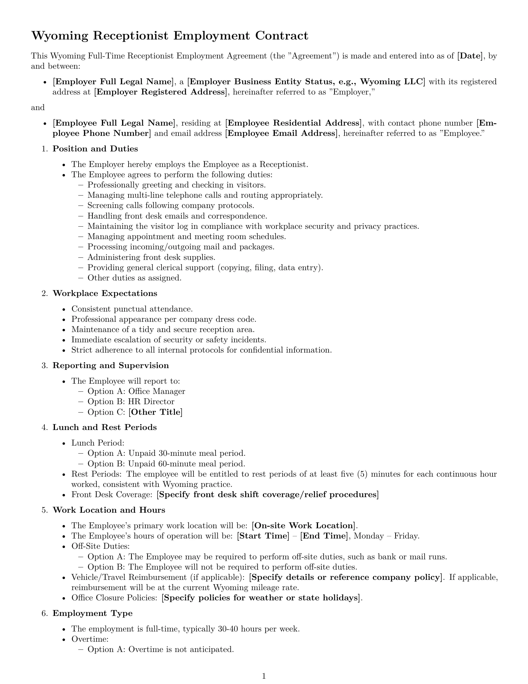 Preview page 1 of Free Wyoming receptionist employment contract template