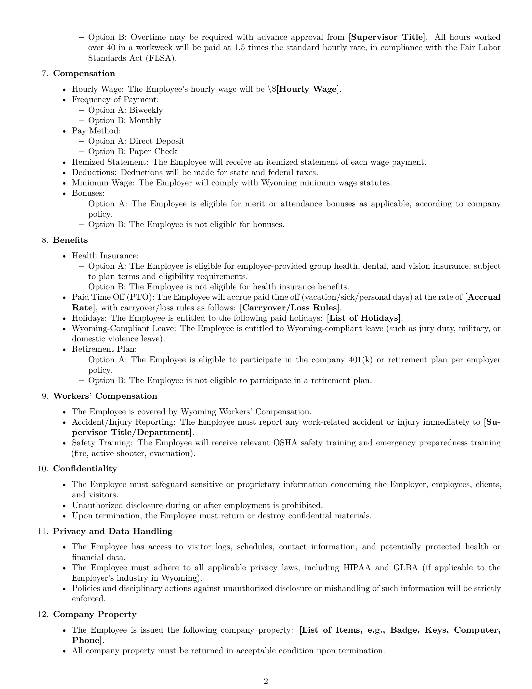 Preview page 2 of Free Wyoming receptionist employment contract template