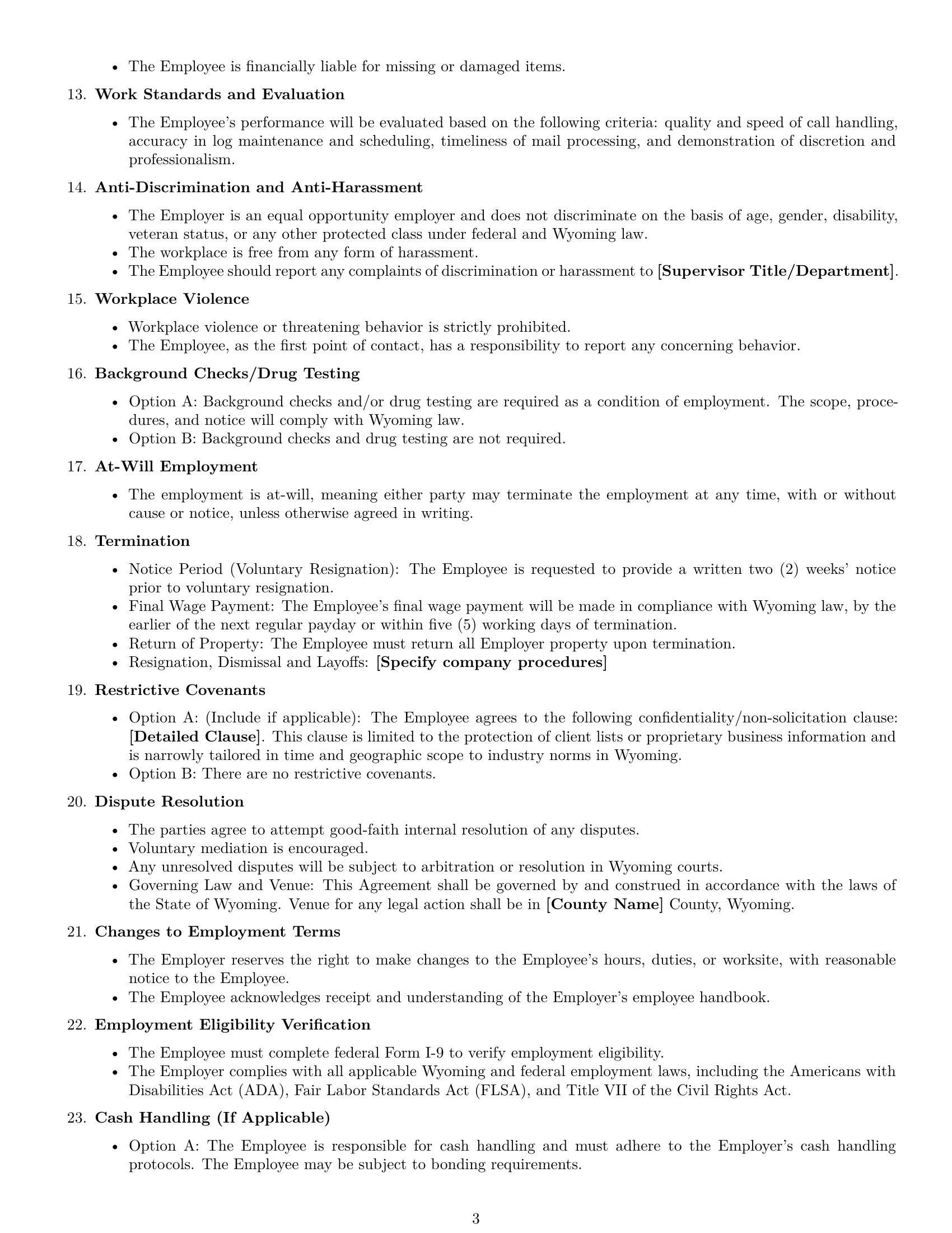 Preview page 3 of Free Wyoming receptionist employment contract template