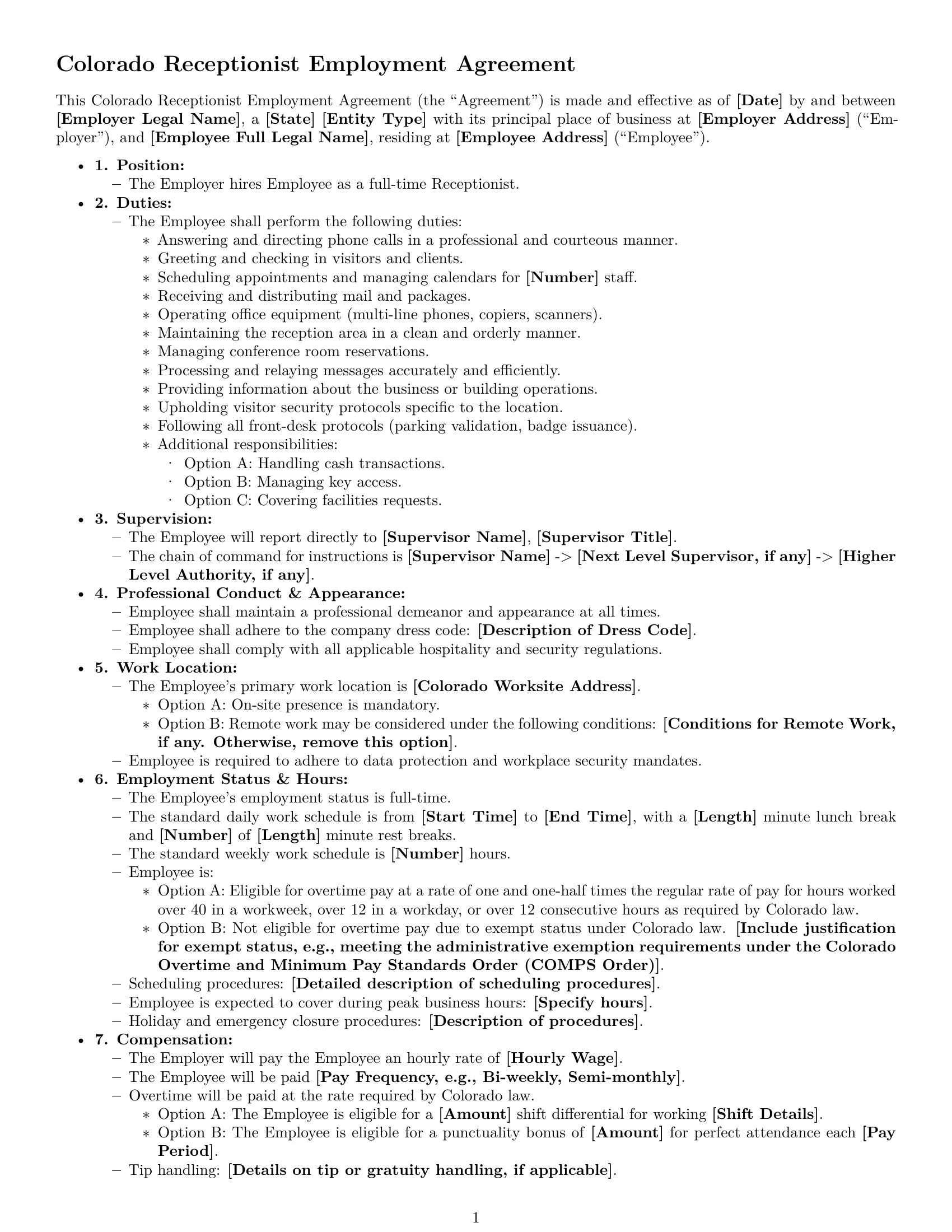 Preview page 1 of Free Colorado receptionist employment contract template