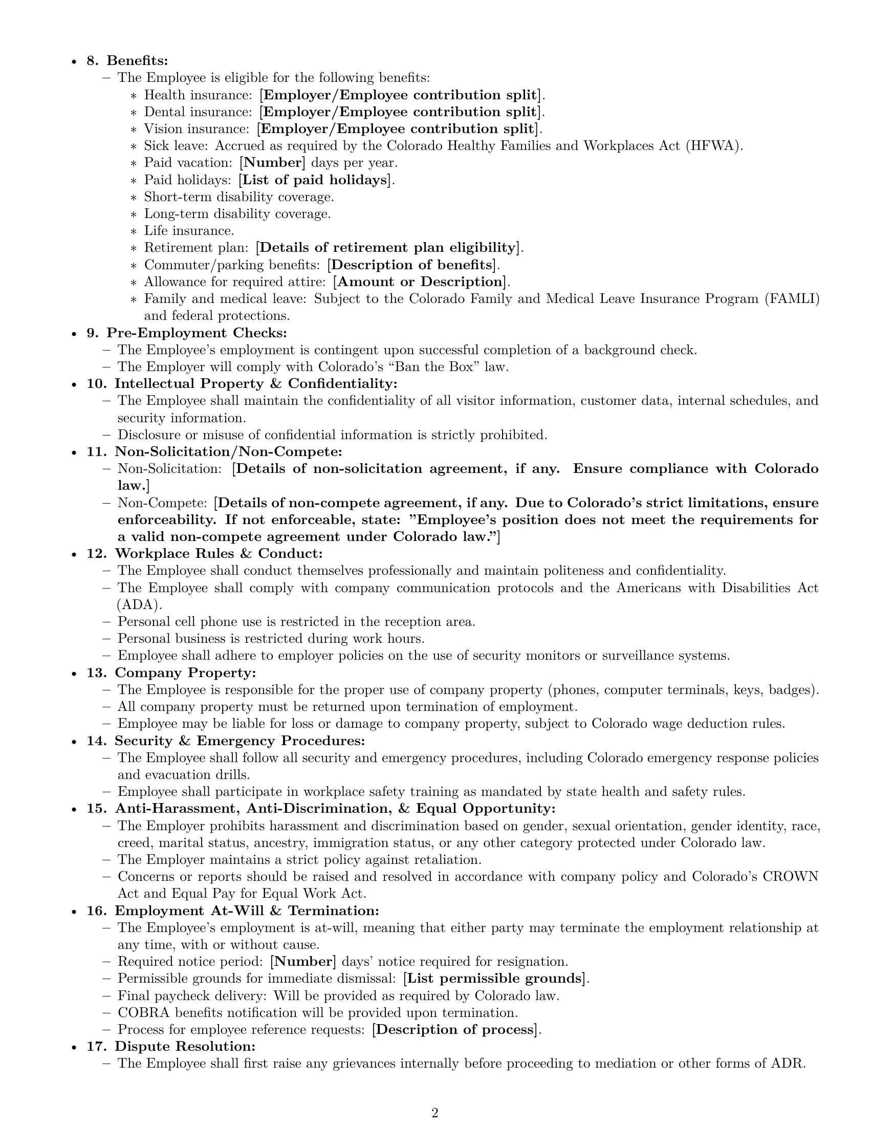 Preview page 2 of Free Colorado receptionist employment contract template