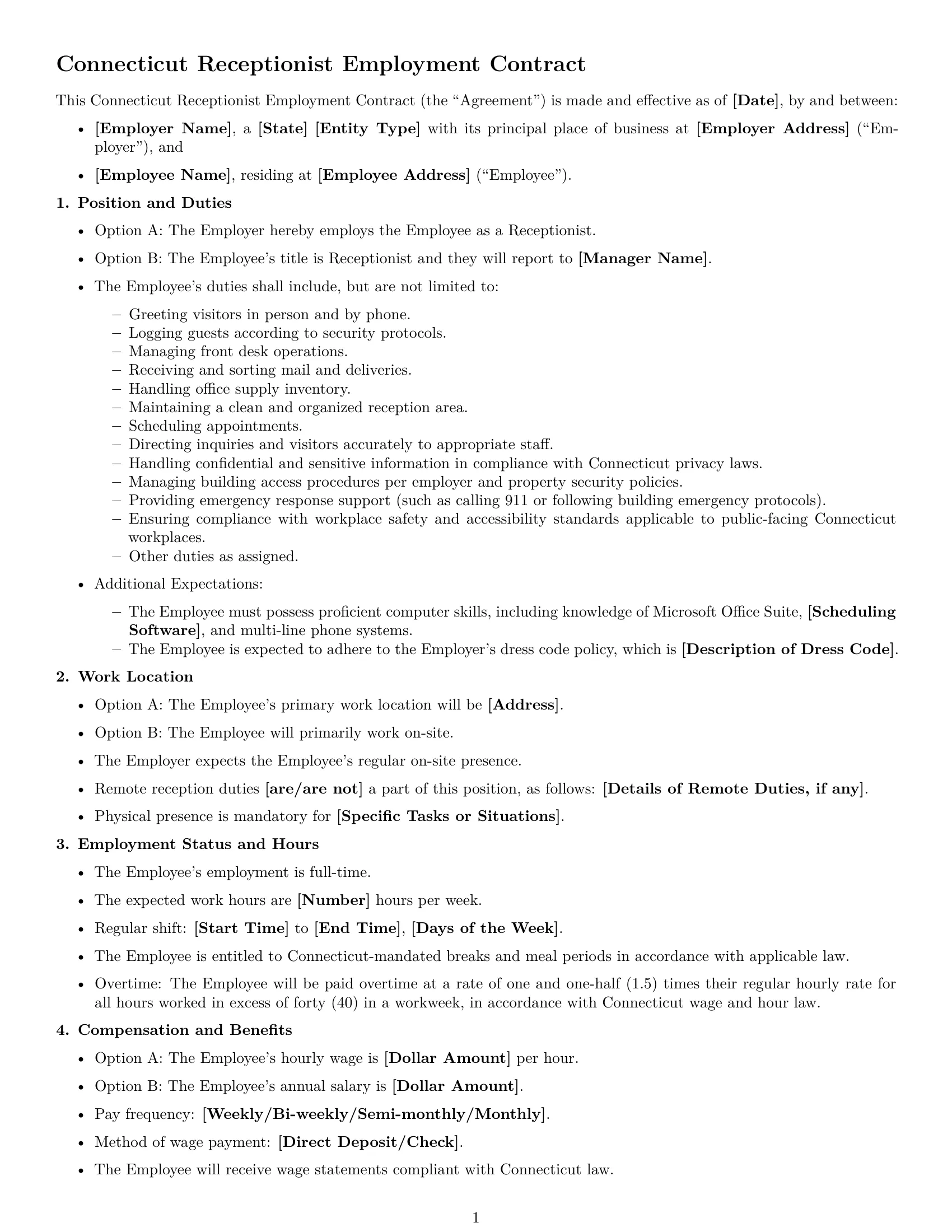 Preview page 1 of Free Connecticut receptionist employment contract template