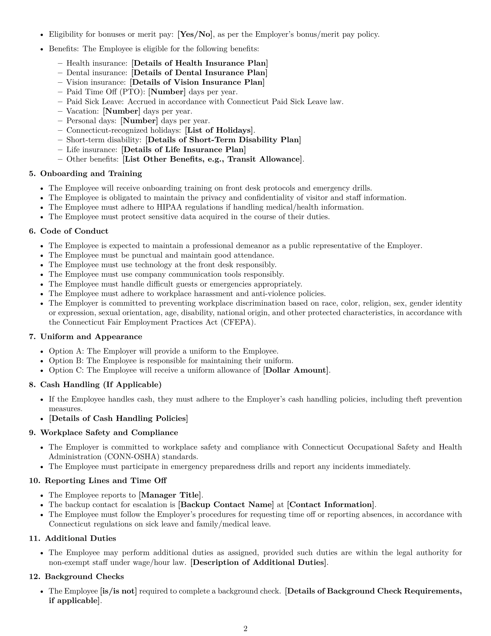 Preview page 2 of Free Connecticut receptionist employment contract template