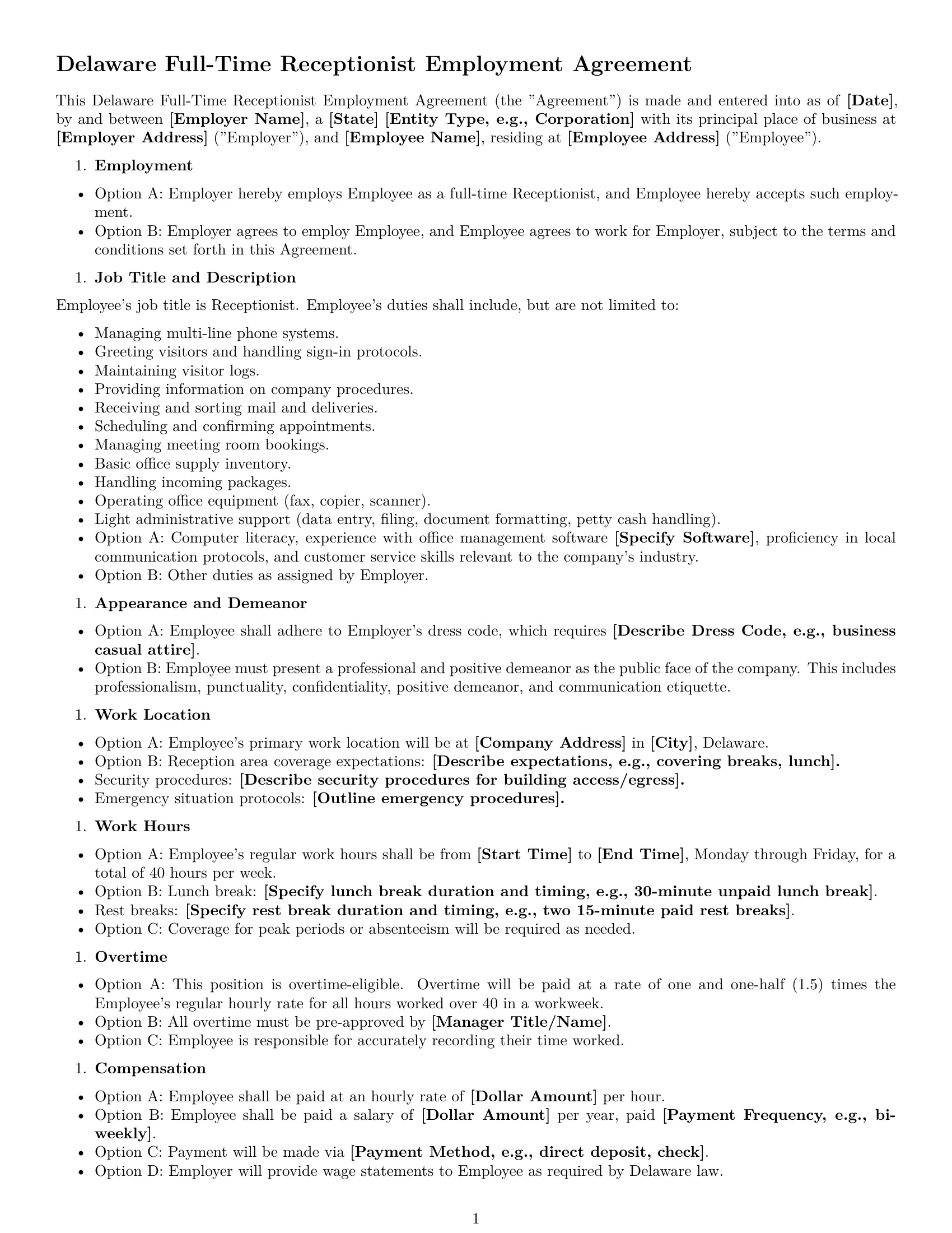 Preview page 1 of Free Delaware receptionist employment contract template