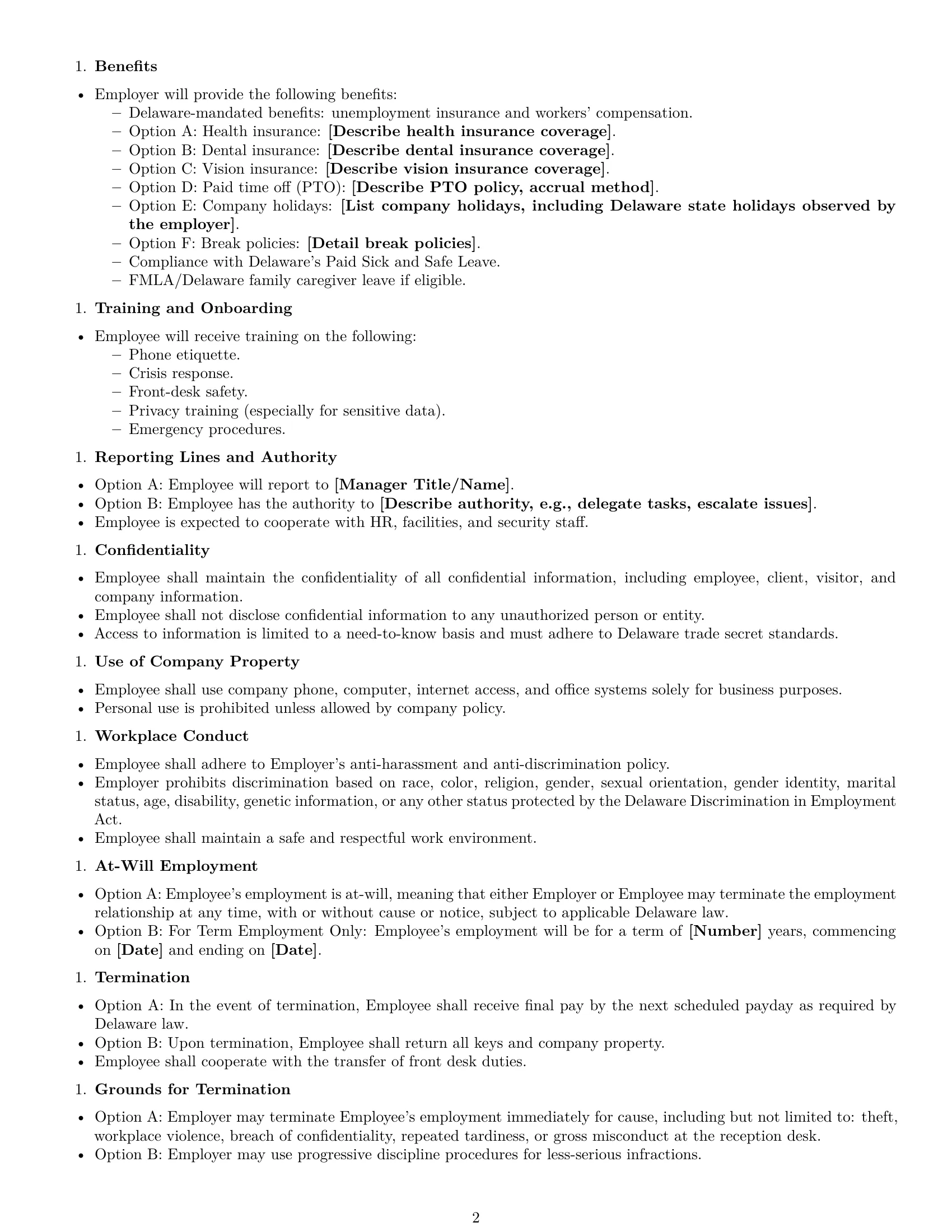 Preview page 2 of Free Delaware receptionist employment contract template