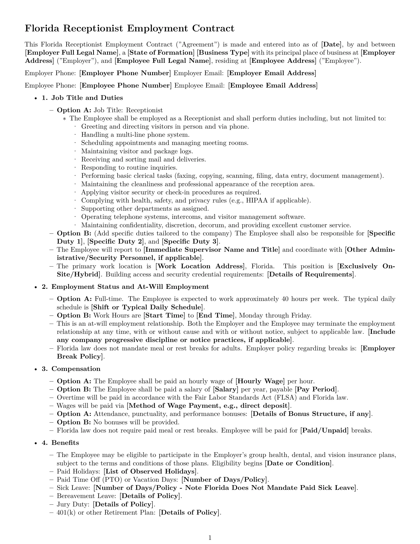 Preview page 1 of Free Florida receptionist employment contract template