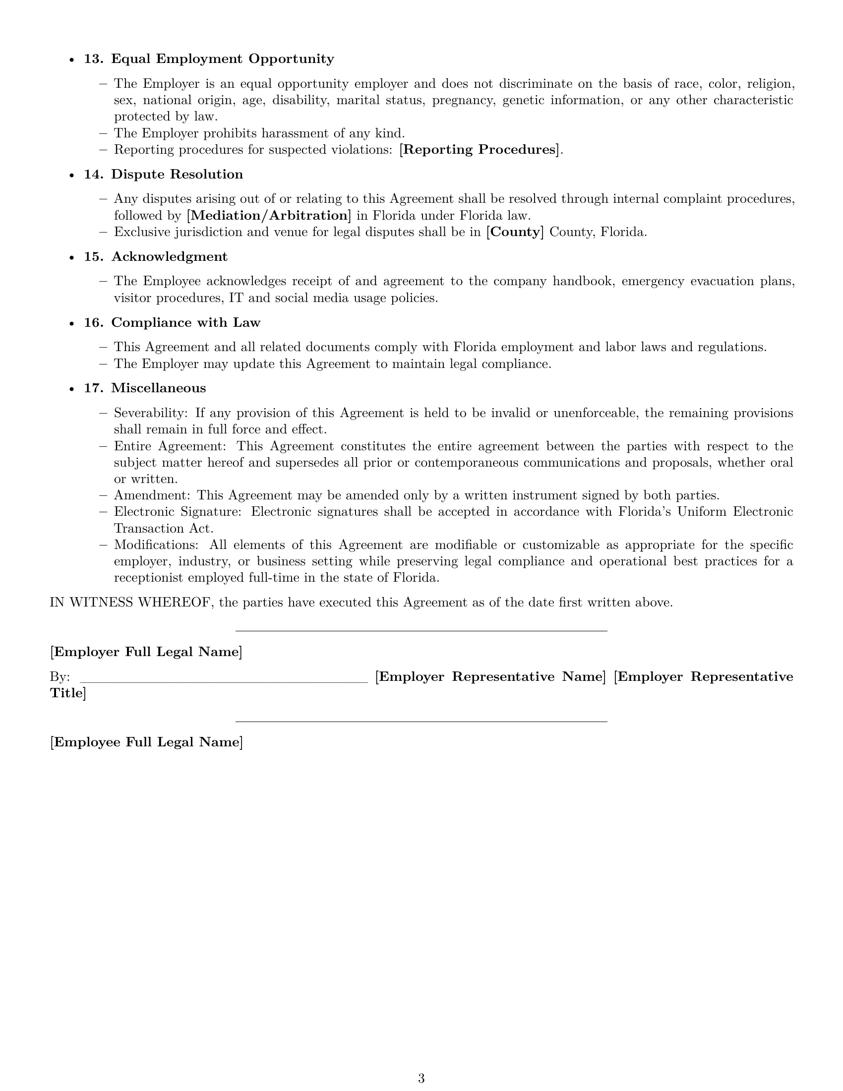 Preview page 3 of Free Florida receptionist employment contract template