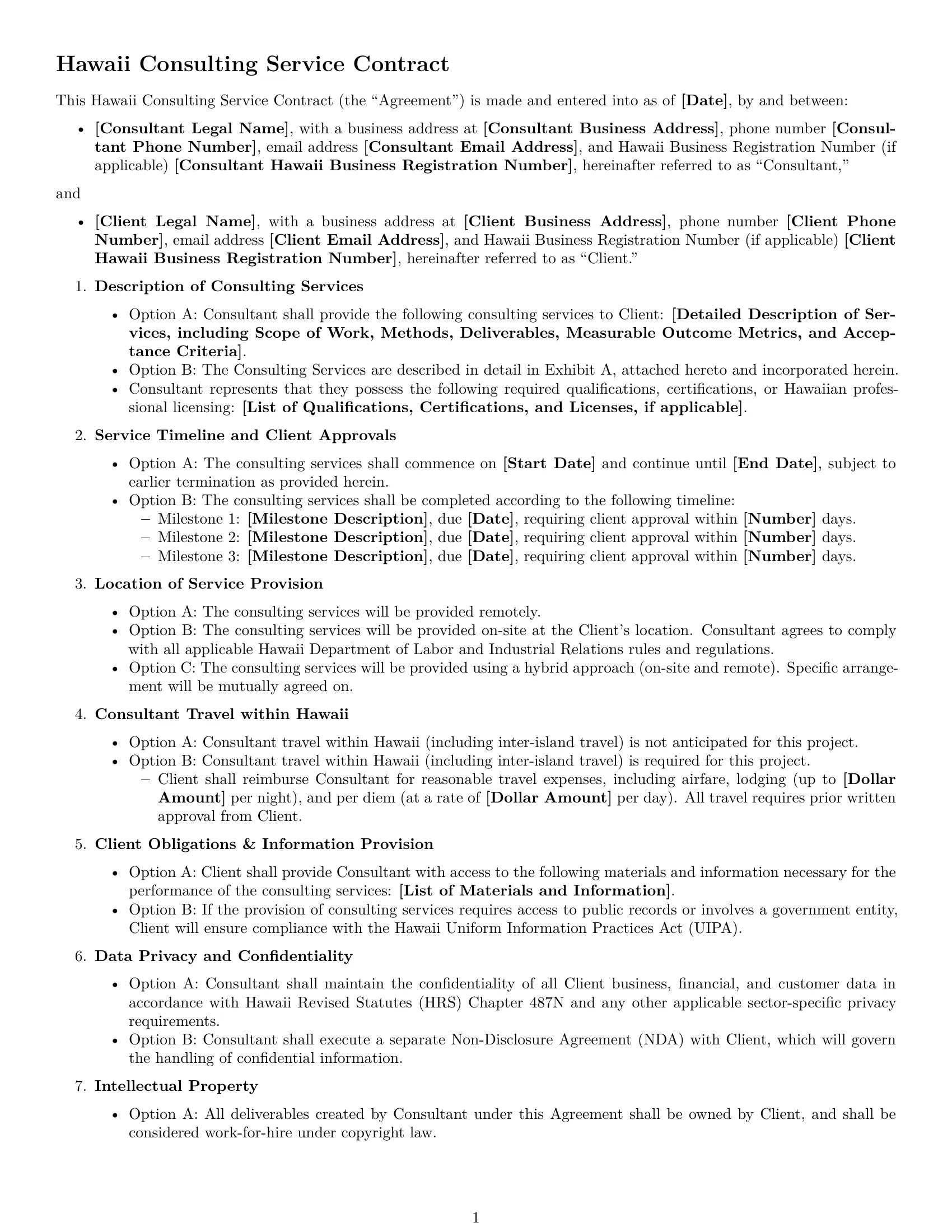 Preview page 1 of Free Hawaii consulting service contract template