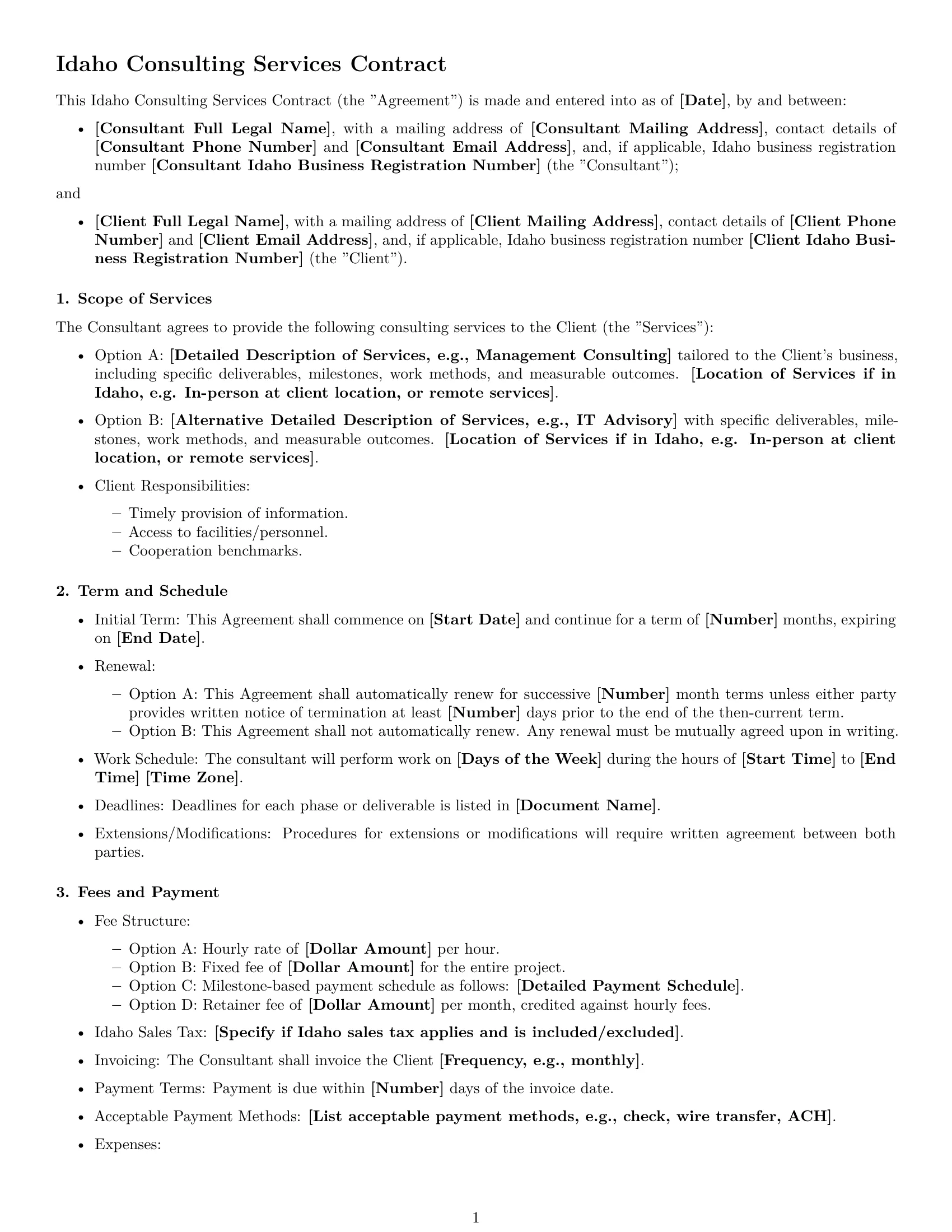 Preview page 1 of Free Idaho consulting service contract template
