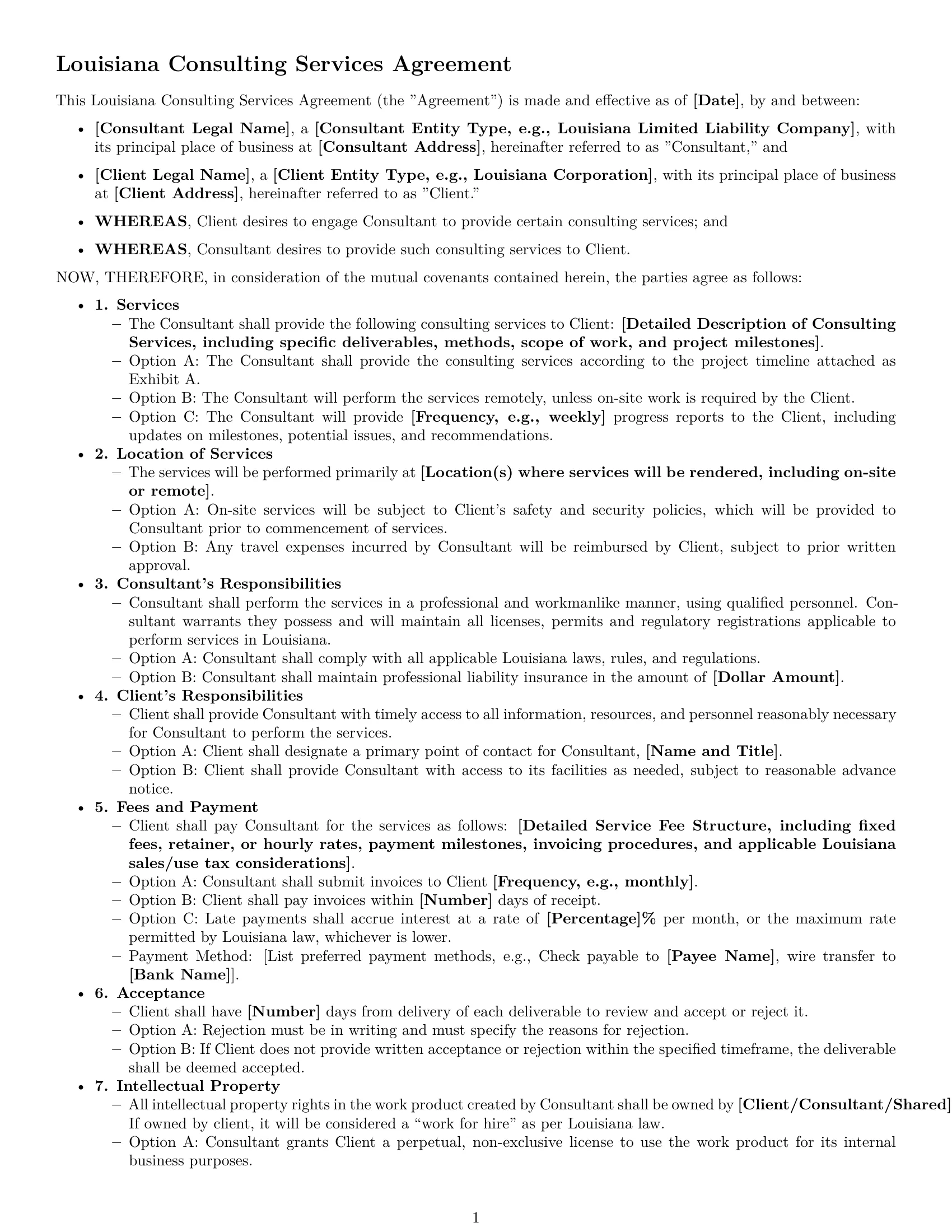 Preview page 1 of Free Louisiana consulting service contract template