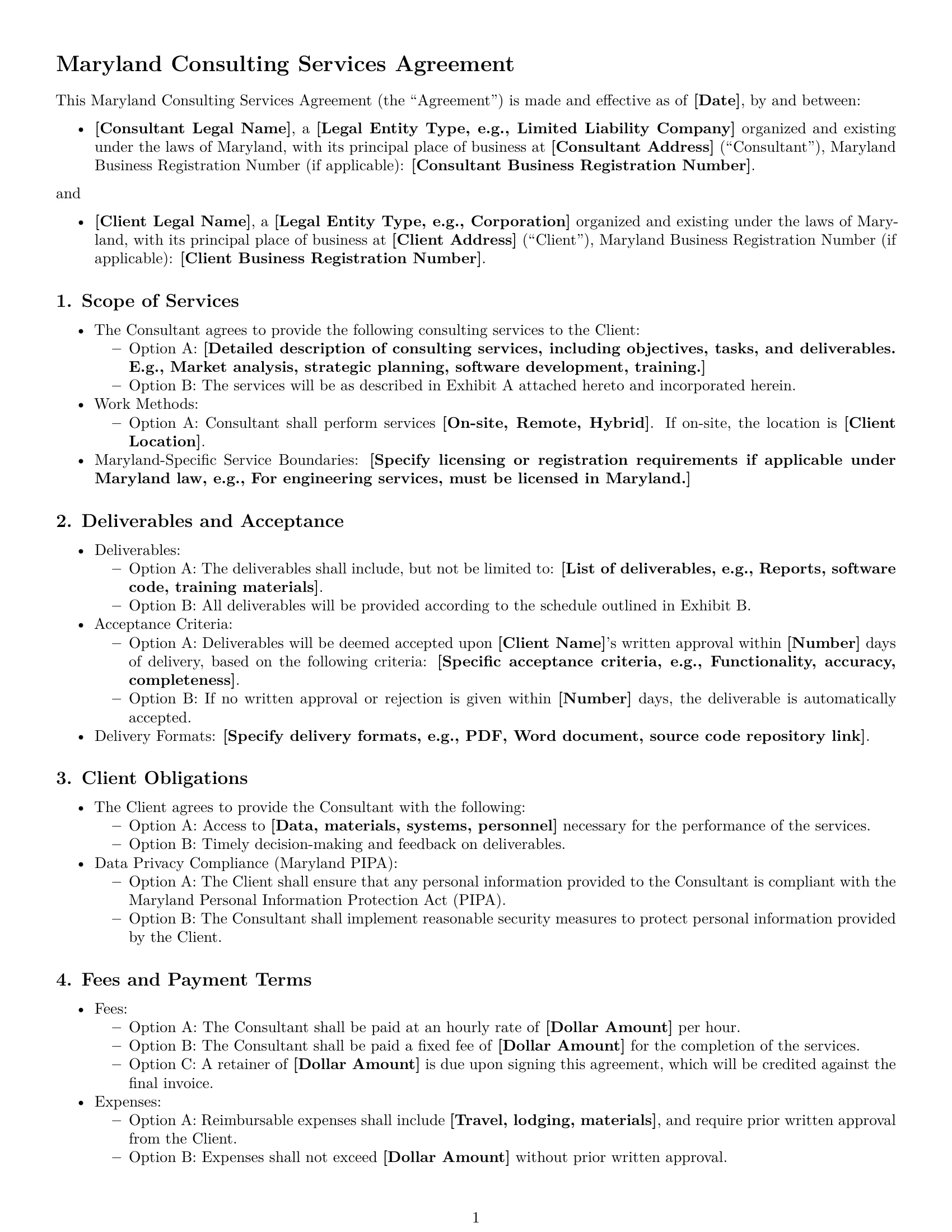 Preview page 1 of Free Maryland consulting service contract template
