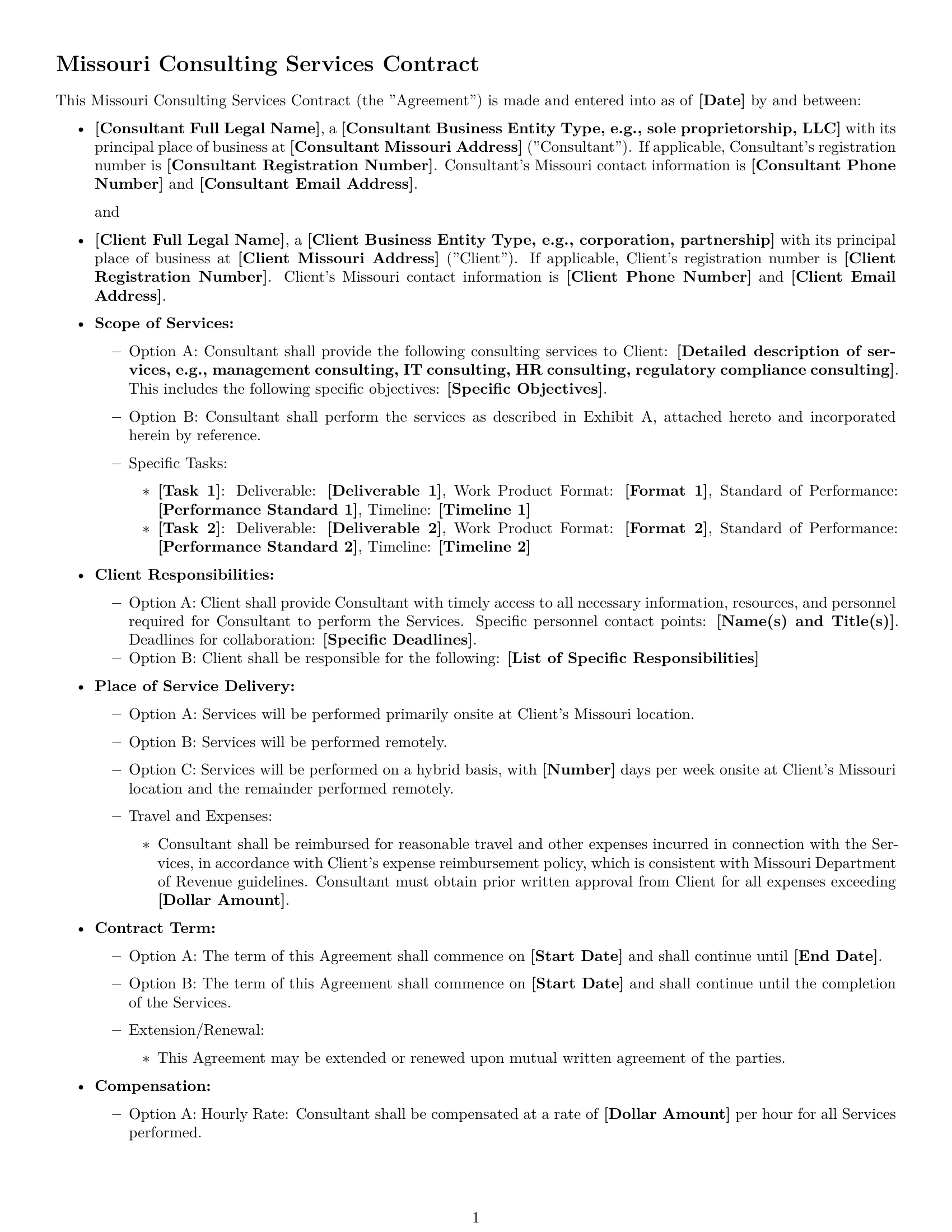Preview page 1 of Free Missouri consulting service contract template