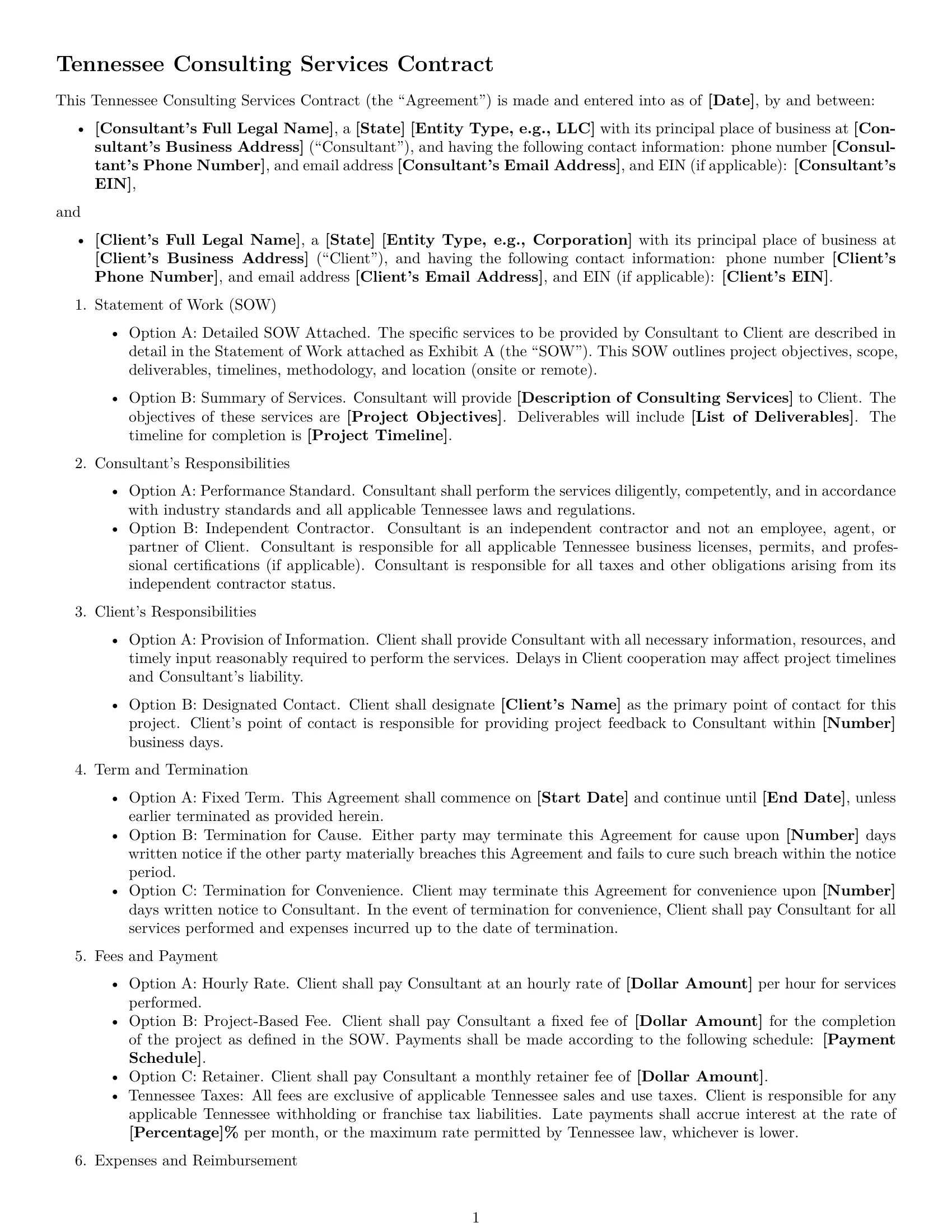 Preview page 1 of Free Tennessee consulting service contract template