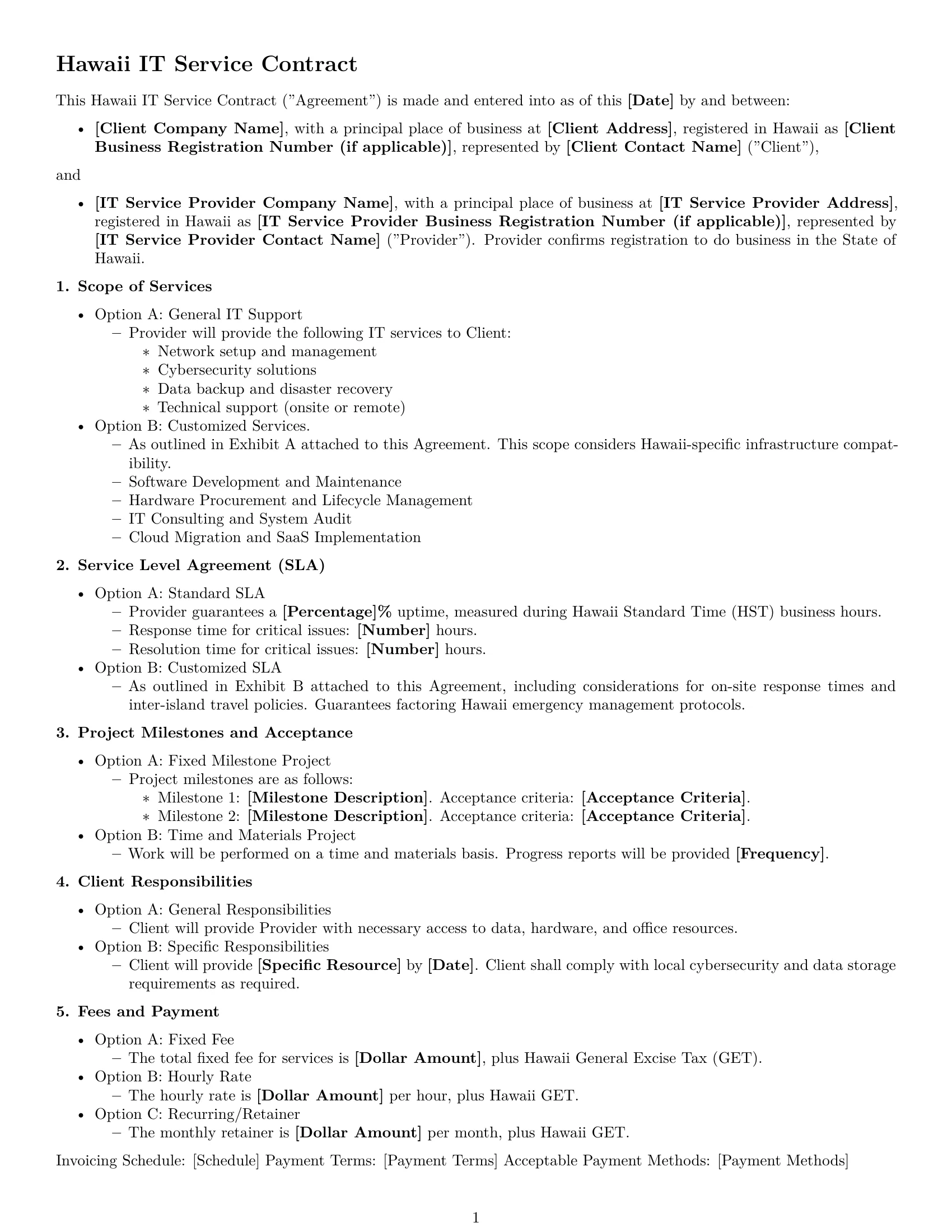 Preview page 1 of Free Hawaii IT service contract template